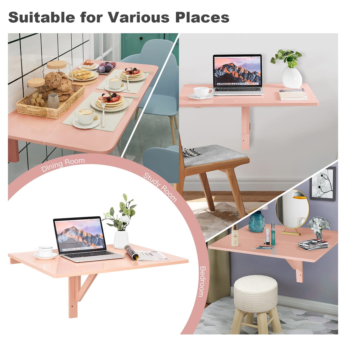 COSTWAY Wall Mounted Folding Table, 31.5" x 23.5" Drop-Leaf Floating Writing Desk for Small Spaces, Space-Saving Fold Down Laptop Workstation for Kitchen, Bedroom, Laundry Room, Study Room (Pink)