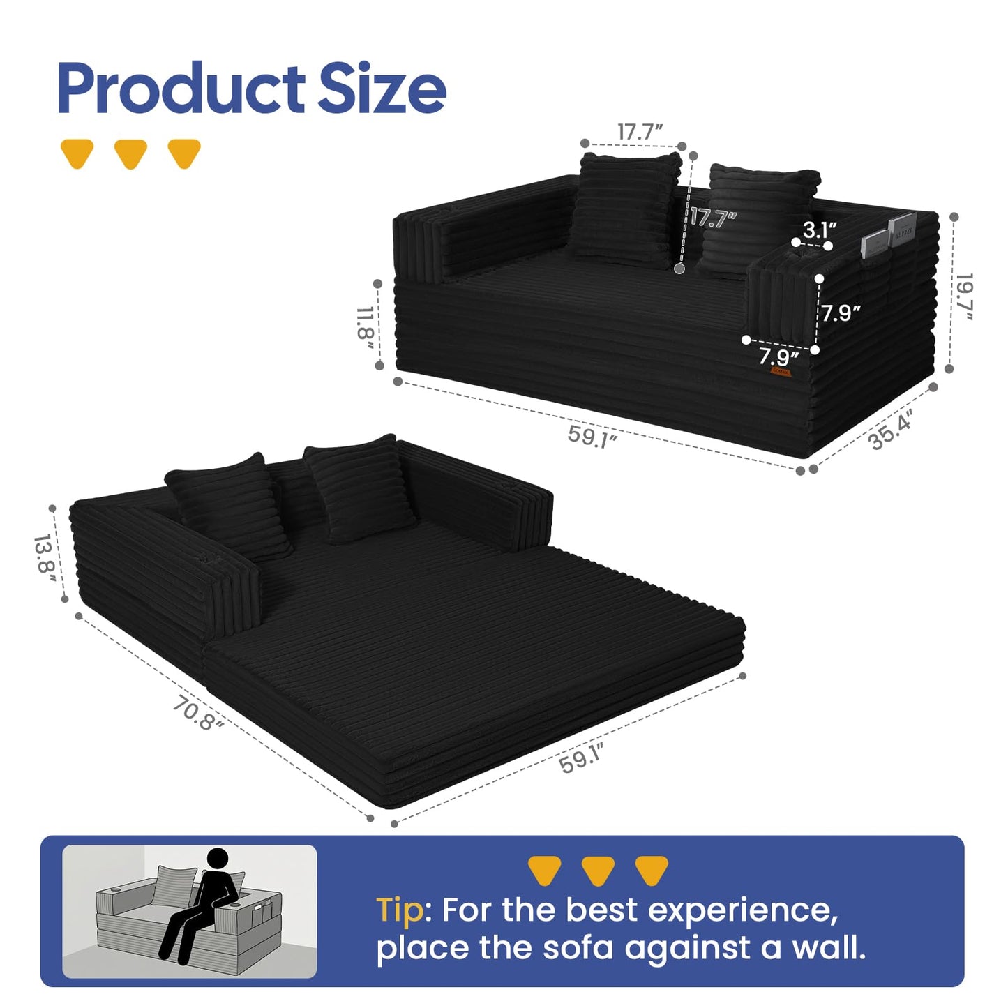 COMAX Futon Sofa Bed, 4‑in‑1 Convertible Sofa Bed, Boneless Couches for Living Room, Fold Out Small Foldable Loveseat Space‑Saving, Jet Black
