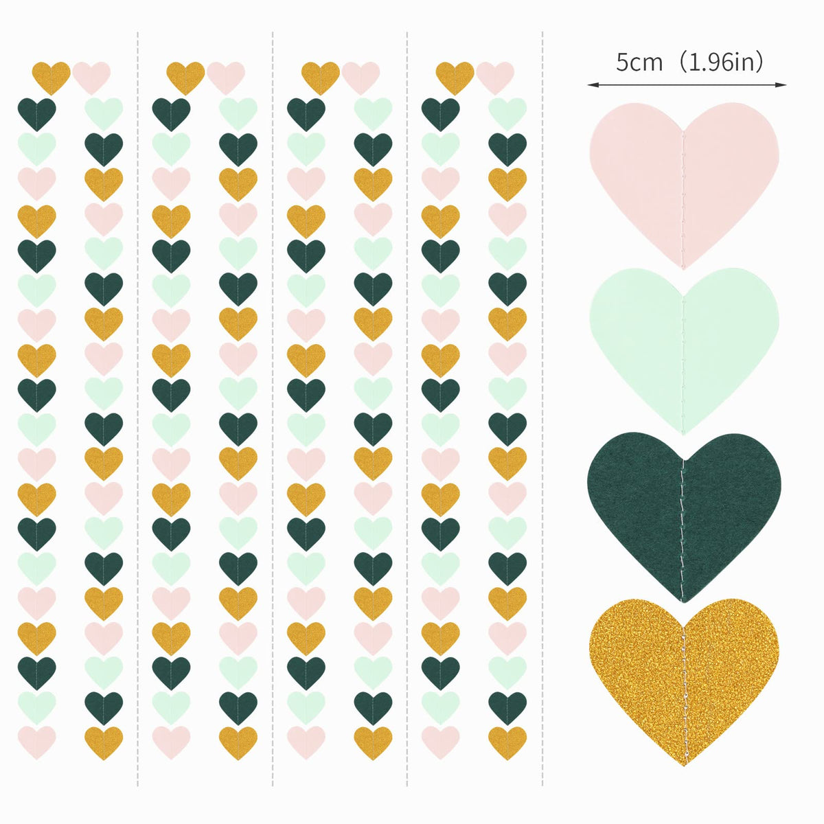 Sage-Green Mint Pink-Gold Love-Heart Garland - 52Ft Rustic Wedding Hanging Decoration Streamers Banner,Valentines Mothers Day Bachelorette Bridal Shower Engagement Party Bunting Lasting Surprise