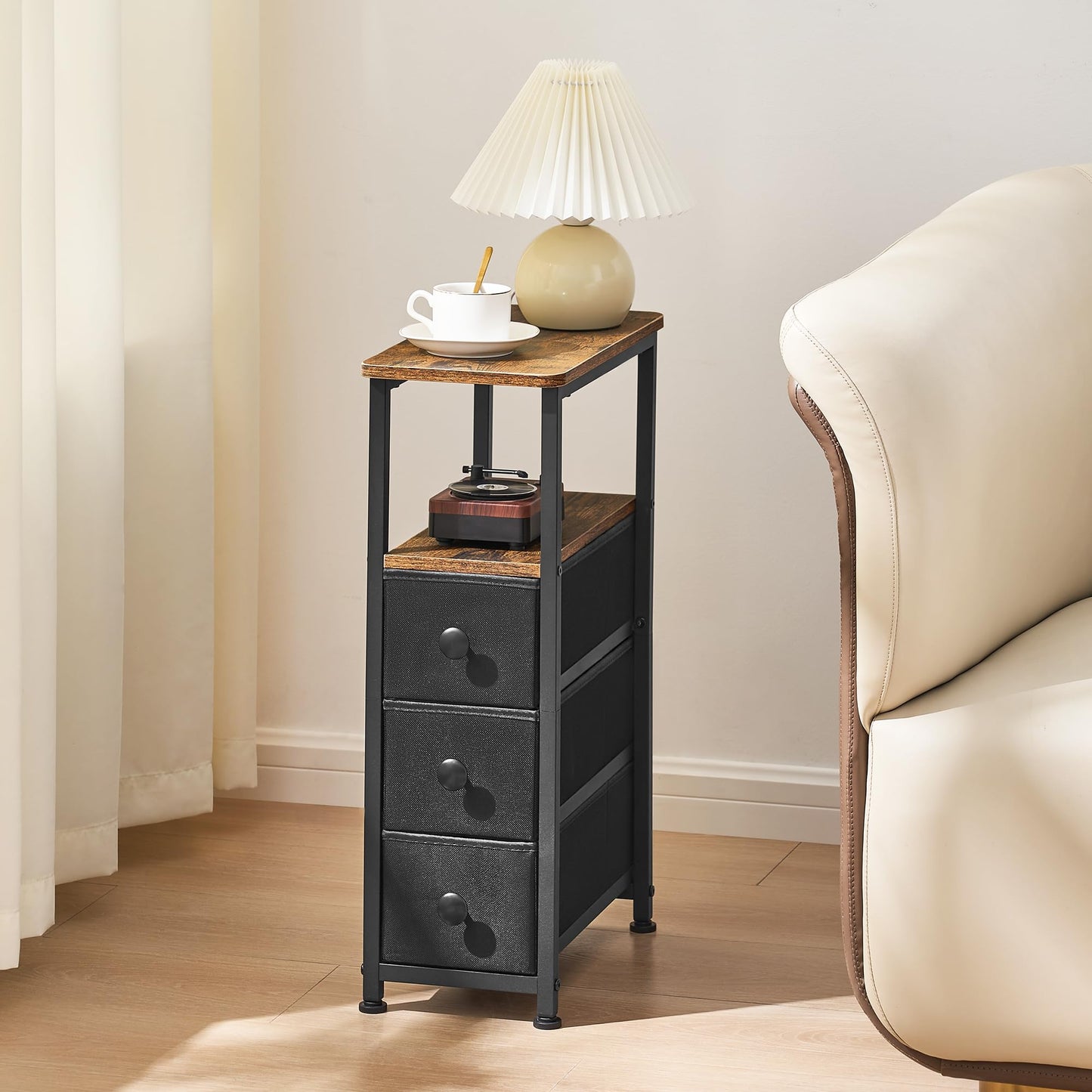 DALEMHOME End Table, Narrow Side Table with 3 Fabric Drawers, Slim Nightstand, Small Bedside Table with Storage, Living Room, Bedroom, Rustic Brown HKET1300BR