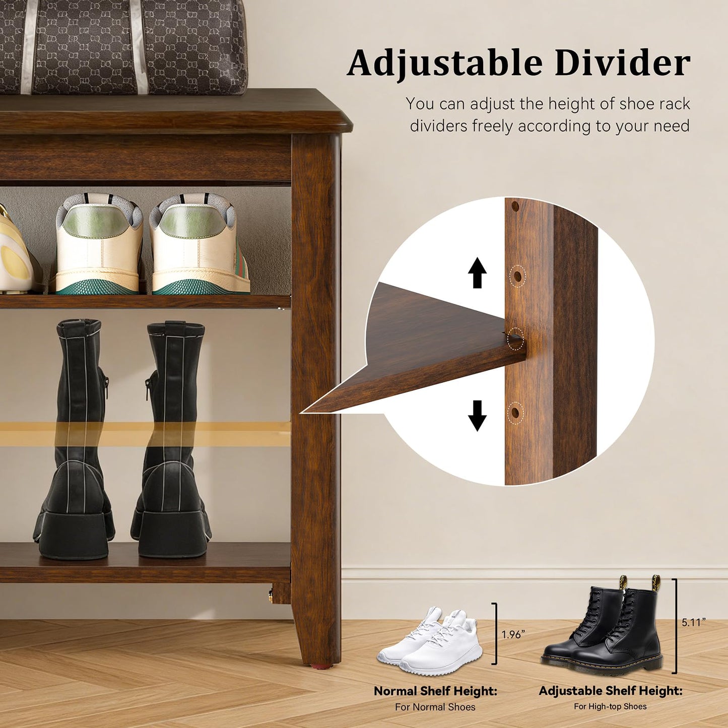Taitiy Shoe Bench Storage Rubberwood, Entryway Bench with 3-Tiers Height Adjustable, Shoe Rack Front Door Entrance Organizer for Hallway Living Room, Mudrooms, Walnut,31.5"