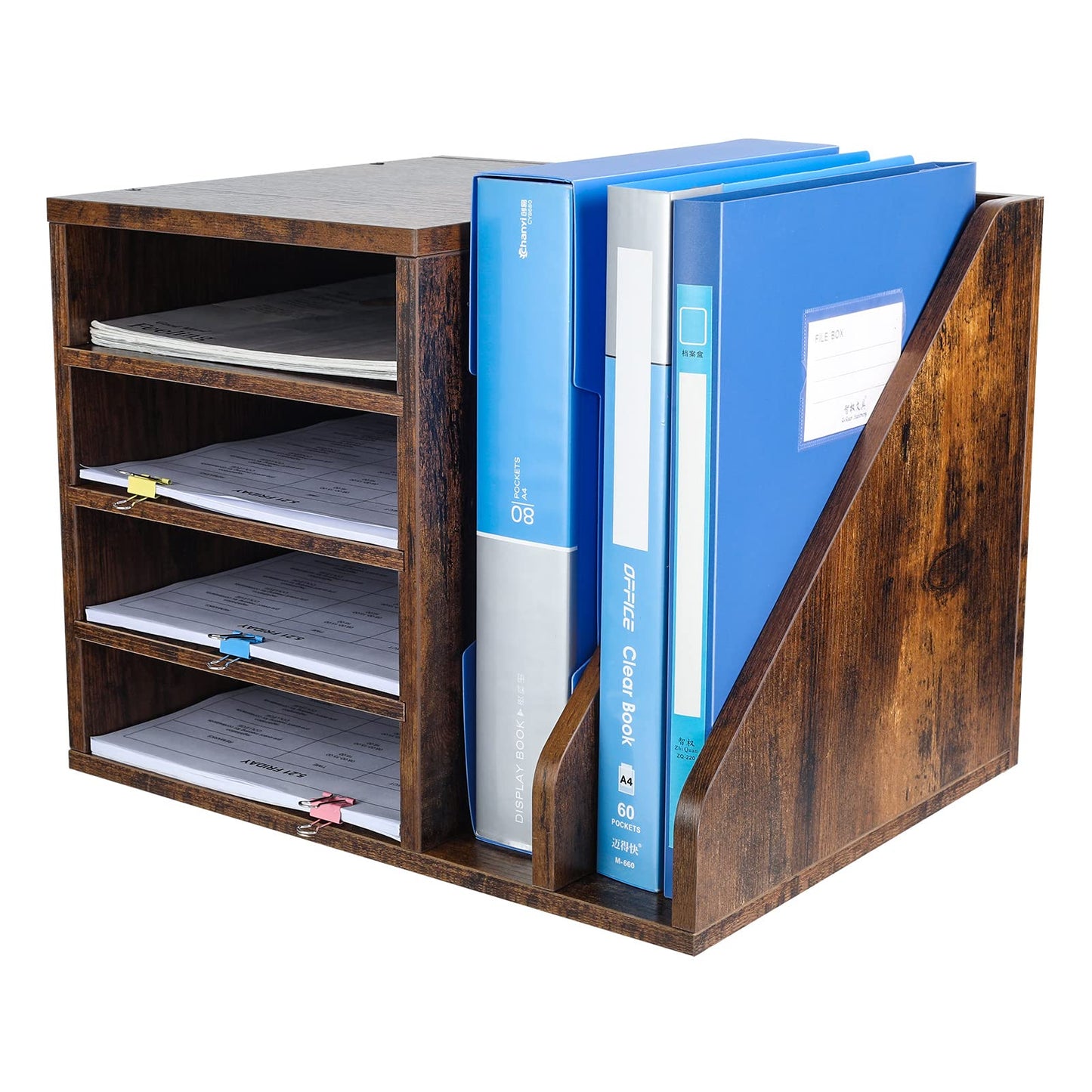 PAG Wood Desktop File Holder Organizer Mail Sorter for File Folders, Mails, Envelopes, Mailing Supplies or Magazines, Brown