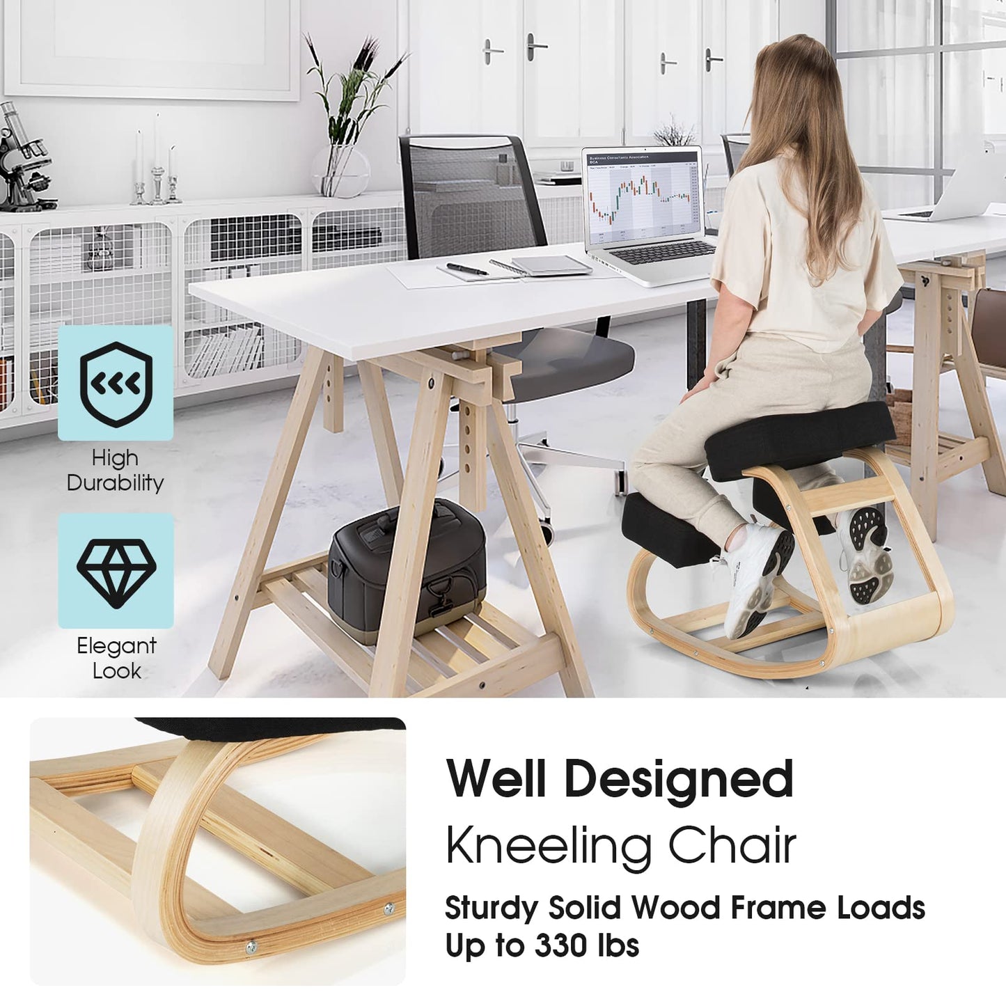 Giantex Kneeling Chair, Wood Posture Chair, Max Load 330 Lbs, Rocking Knee Chair with Soft Cushion, Natural Relief for Back, Shoulder or Neck Pain, Ergonomic Kneeling Chair for Office Home