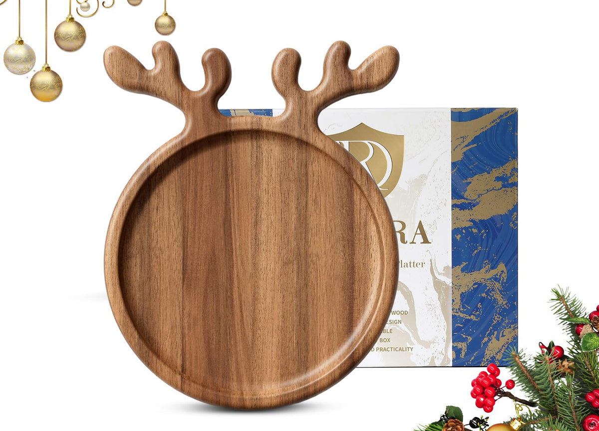 Dofira Acacia Antler Christmas Serving Platter, 12" x 15" Round Wooden Food Dish, Serving Dishes Charcuterie Board Tray for Cheese Fruit Bread, Christmas Platter for Housewarming, Mother’s Day