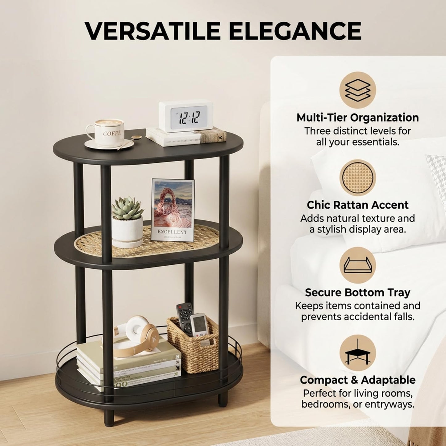 Small Rattan Side/Accent Table with Storage, 3 Tier Round/Oval End Table with Rattan Shelf & Metal Basket, Boho Nightstand, Tool Free Assembly/Screw-Hole Free Tabletop-Living Room Bedroom-Black
