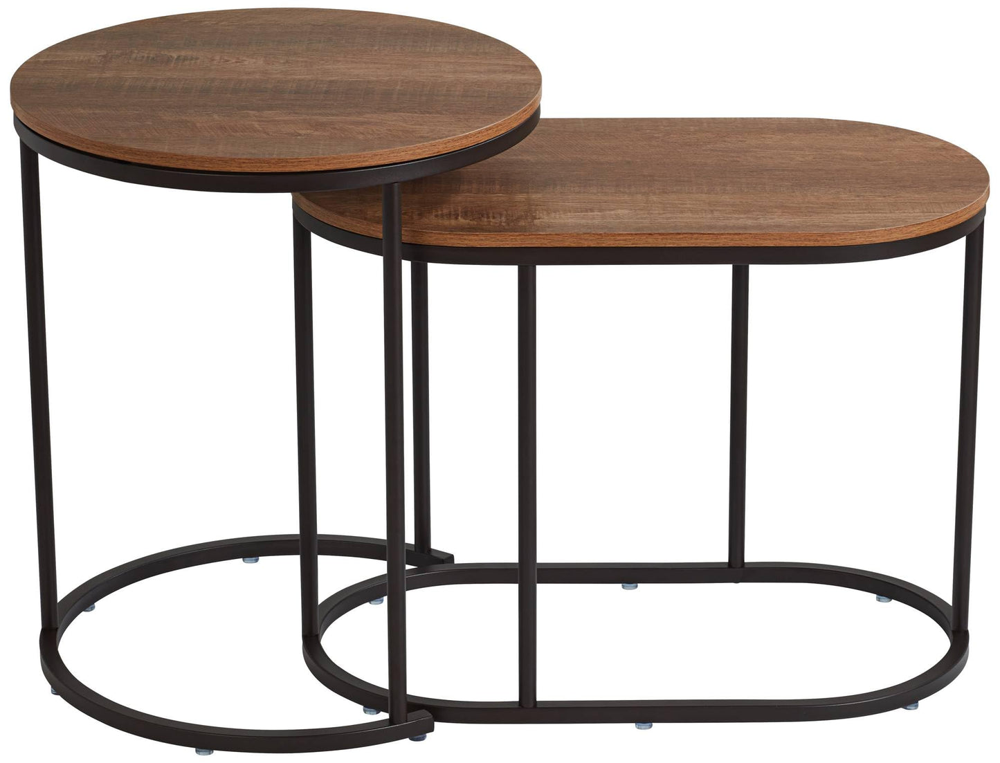 Studio 55D Santa Maria Modern Industrial Set of 2 Small Walnut Round Circle Oval Nesting Wood Black Metal Frame Accent Coffee Couch Side End Tables Living Room Decor Furniture Bedroom Home Office