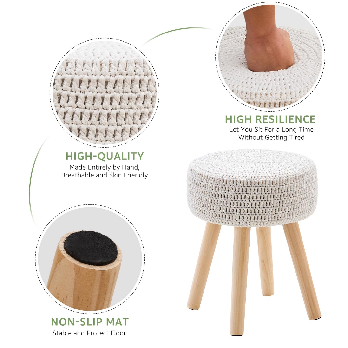 Wimarsbon Pouf Ottoman, 100% Cotton Knitted Boho Footstool, Round Footrest with Non-Skid Wood Legs, Home Décor Handmade Pouffe, Leisure Floor Step Stool for Living Room (Long Leg - Beige)