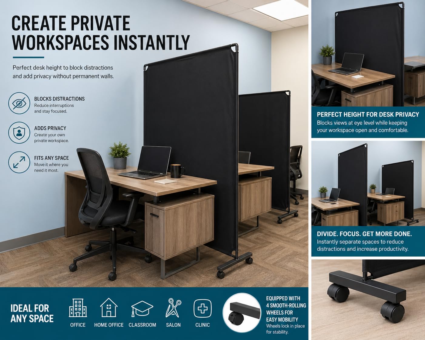 Rolling Room Divider with Wheels, Portable Privacy Screen Partition Wall, Freestanding Office Divider Panel, Non-See-Through Fabric, Locking Casters for Office Home Classroom Clinic, 50" W x 71" H