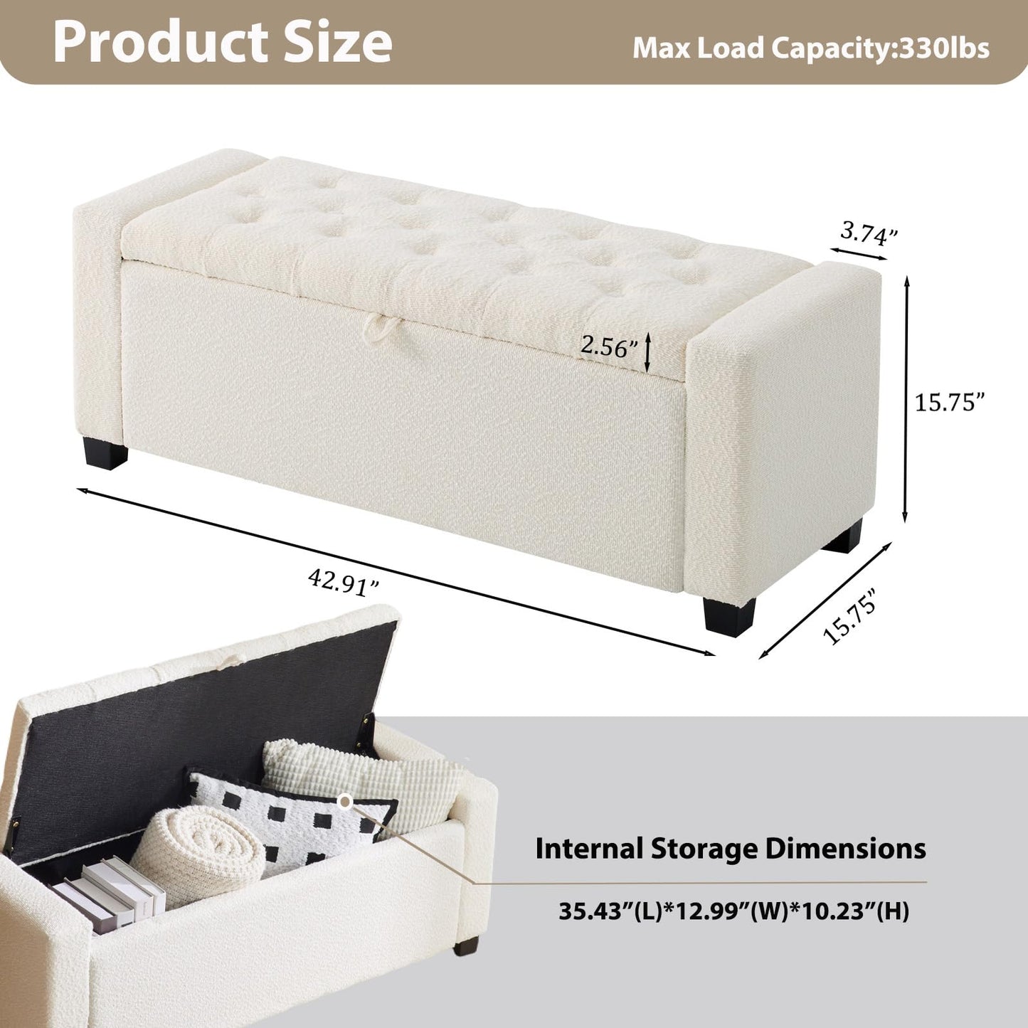 2BYF 43 Inch Storage Ottoman Bench, Bench for Bedroom End of Bed, Ottoman with Storage for Living Room and Entryway (Boucle Cream)
