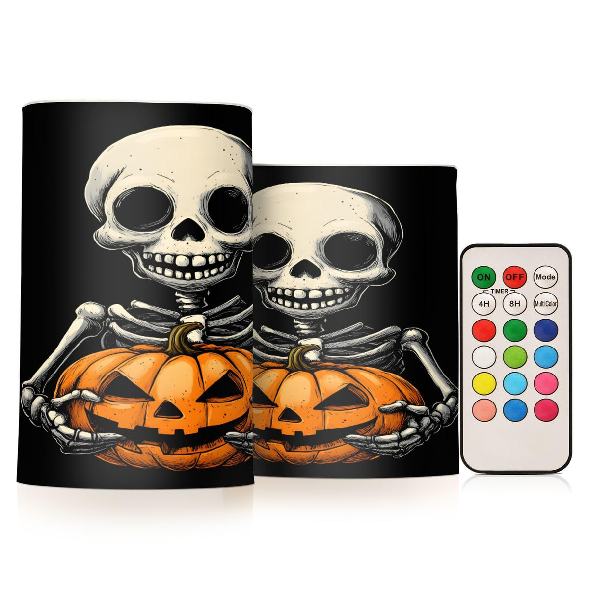 ALAZA Halloween Skeleton Skull Pumpkin Flickering Flameless Candles Battery Operated with Remote Timer,Tea Light Candles LED Pillar Votive Candles Set of 2 for Outdoor Indoor Decorations