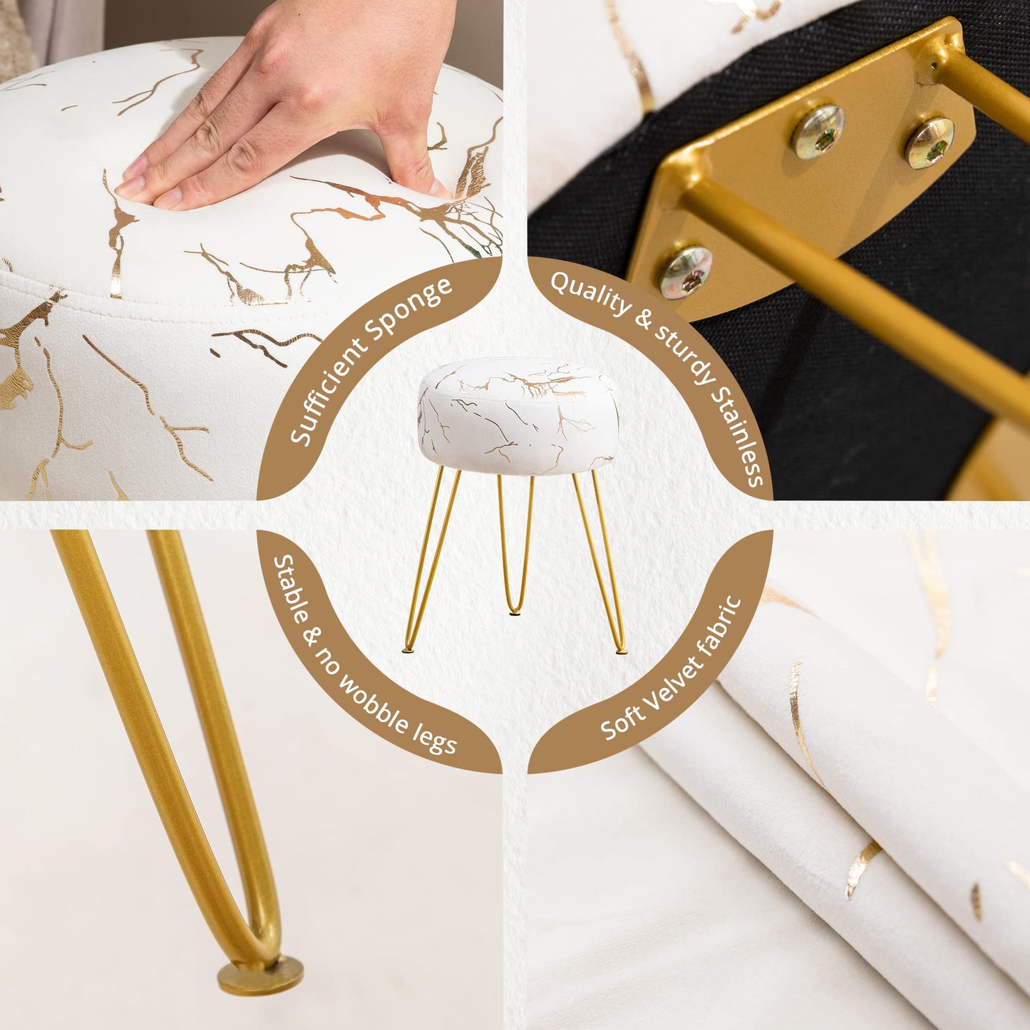 LUE BONA Vanity Stool, Gold Vanity Stools for Makeup Room, Round Ottoman Foot Stool, Velvet Footrest Vanity Chair for Bathroom Vanity, Bedroom, Living Room, Entryway, Offices, 300lbs