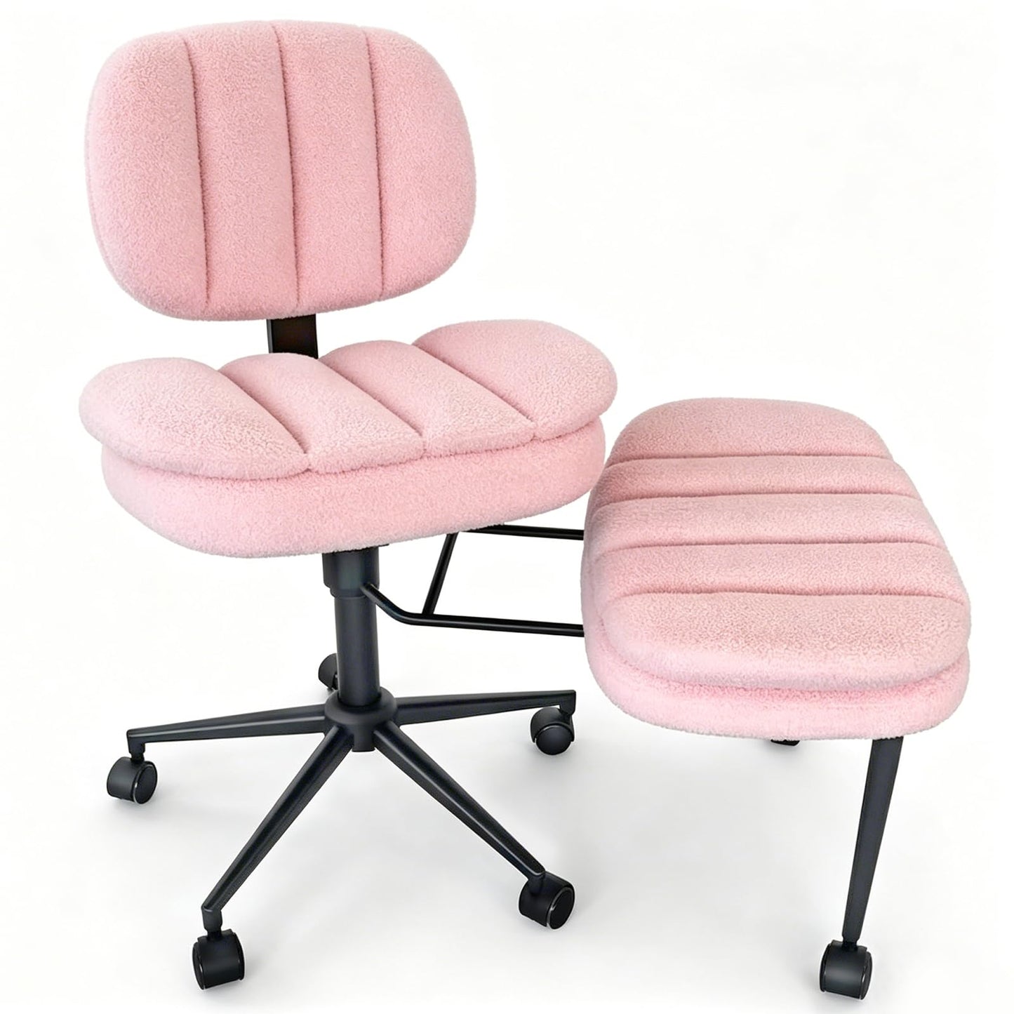 Ergonomic Cross Legged Office Chair with Footrest, 360° Swivel Height Adjustable Faux Shearling Criss Cross Chair, Wide Seat & Back Support for Home Office, ADHD, Pink