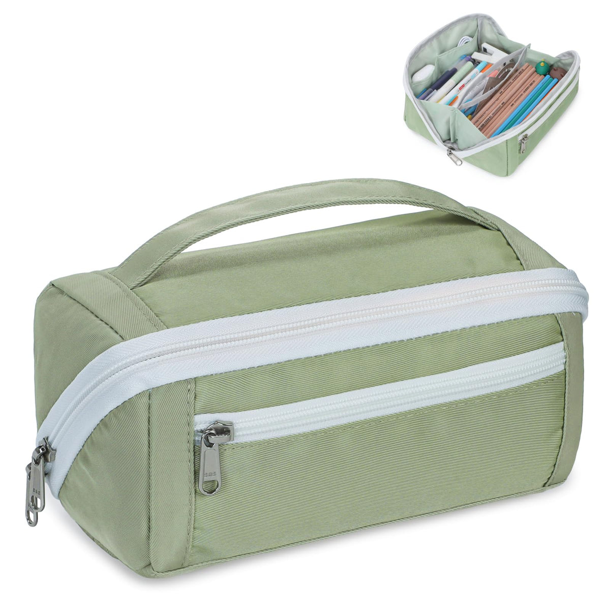 BrainyBees Large Pencil Pouch for Teen Girls, 8 Compartments, Green
