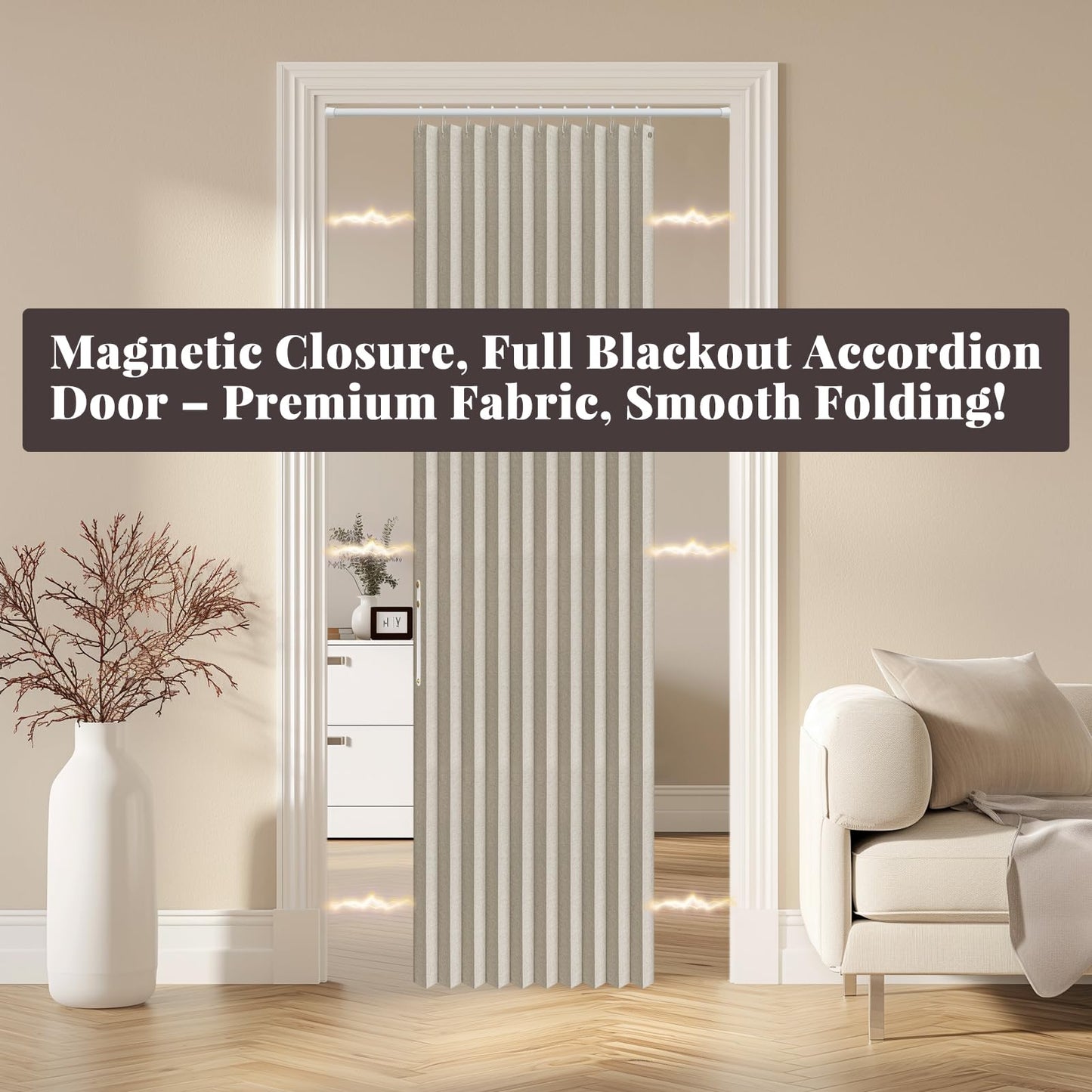 AJAZZ 100% Blackout Magnetic Door Curtain Accordion Doors Interior Folding Closet Door Curtain Invisible Applicable Bedroom Room Living Room Doorway (Cream White 42" W x 78" L) 1 Panel