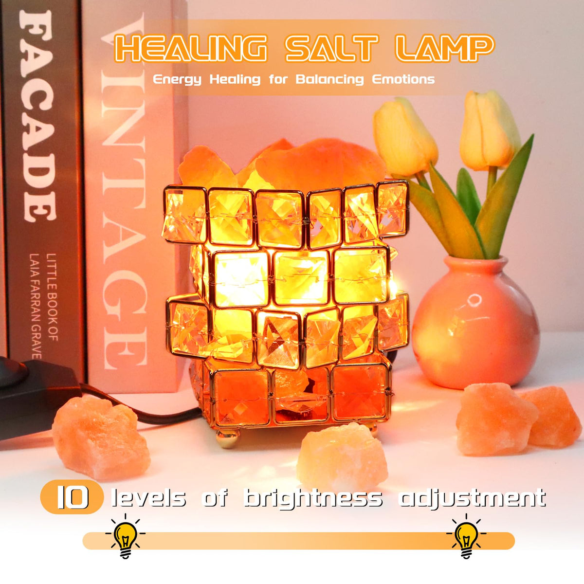 Natural Himalayan Pink Salt Lamp, Dimmable Single Lighting, Plug-in Powered, Crystal Salt Rock Lamp, Glow Night Light for Bedroom Office, UL & ETL Certified Cord (Crystal Crown)