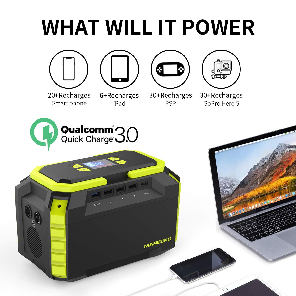MARBERO 222Wh Portable Power Station 200W Outdoor Generator 60000mAh with AC Outlet 110V 200W DC USB LED Flashlights Lithium Battery Power Supply for CPAP Camping Backup Emergency Home