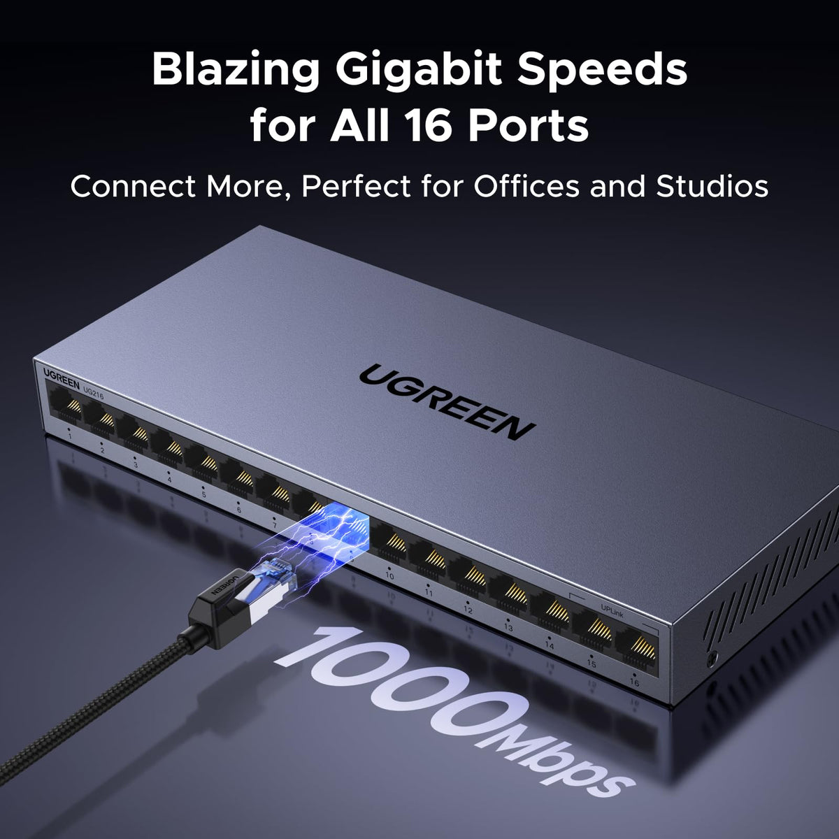 UGREEN 16 Port Gigabit Switch, Plug & Play Ethernet Switch, Standard/VLAN Mode, Unmanaged Network Splitter for Office & Business, Metal Fanless Desktop & Wall Mount Hub for NAS, PC, Printer, Router