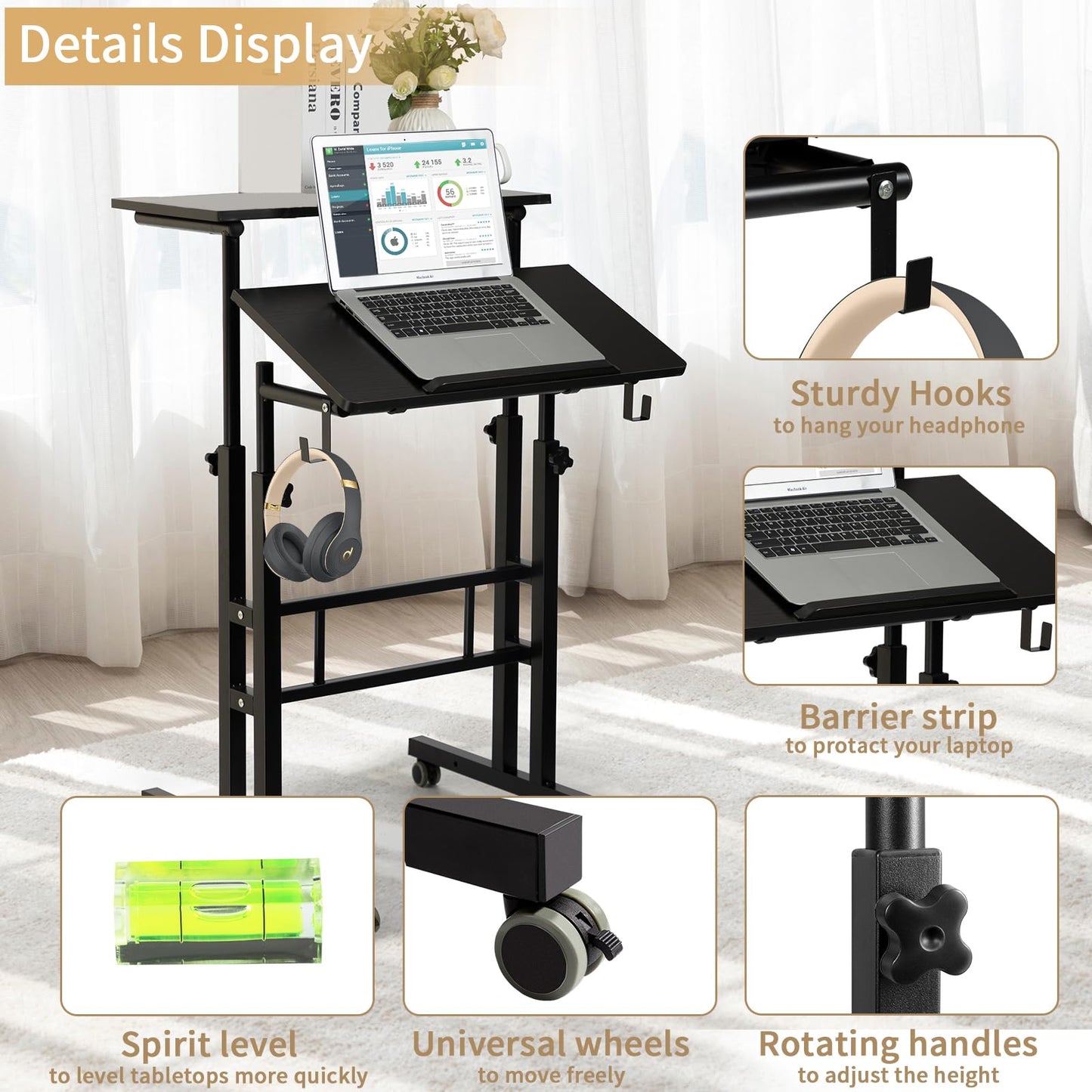SIDUCAL Mobile Standing Desk, Portable Stand Up, Small Adjustable Converter with Wheels Home Office Workstation, Rolling Desk Laptop Cart for Standing or Sitting, Black
