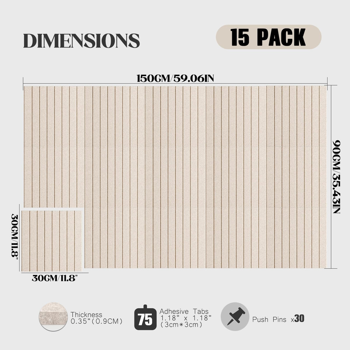 59 x 36 Felt Bulletin Board Tiles - 15 Pack 150g High-Density Sound Absorbing Panels, Slat Wall Cork Board Alternative for Office & Home, Includes 30 Pushpins & 75 Adhesive Tabs, Oatmeal