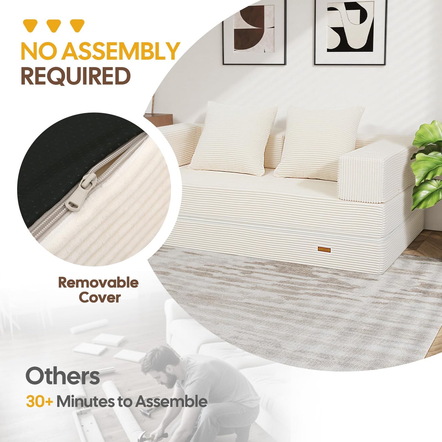 COMAX Futon Sofa Bed, 4‑in‑1 Convertible Sofa Bed, Folding Boneless Couches for Living Room, Fold Out Small Foldable Loveseat Floor Sleeper Comfy Mattress Lounge Space‑Saving, Beige