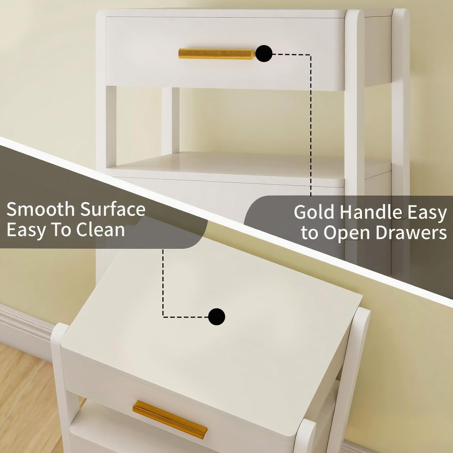 Tltaroni Nightstand with 2 Drawers and Open Shelf Wooden Bedside Table Gold Handles Modern Storage Night Stand Sensor Light for Bedroom, White