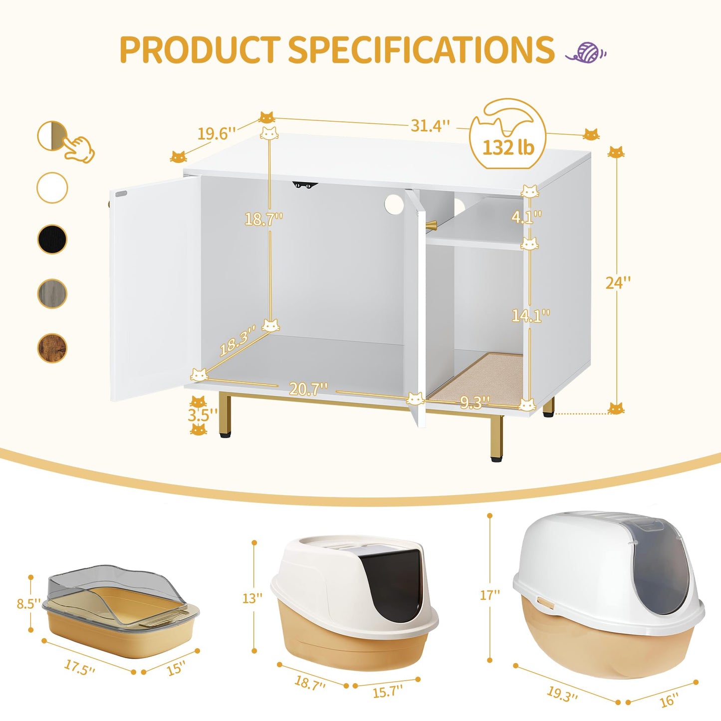 Hzuaneri Cat Litter Box Enclosure,Hidden Litter Box Furniture with Storage, Large Wooden Cabinet with Sisal Mat, Modern Cat Washroom for Living Room, Bedroom, Entryway, White and Gold 01503GCLB