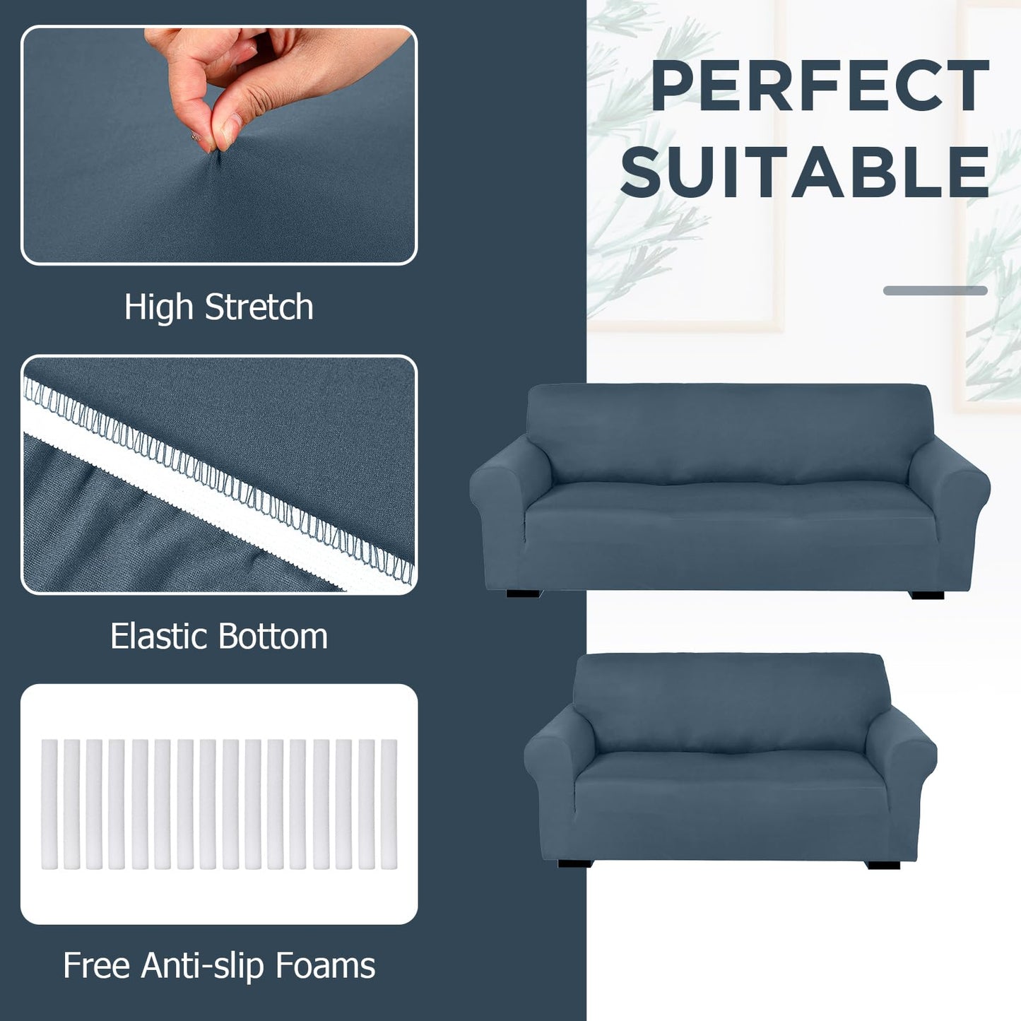 Peryiter 2 Pcs Sofa Covers Couch and Loveseat Covers Set Stretch Sofa Slipcover for Living Room Armchair Furniture Protector, Wrinkle Proof(Bluestone,Milk Silk)