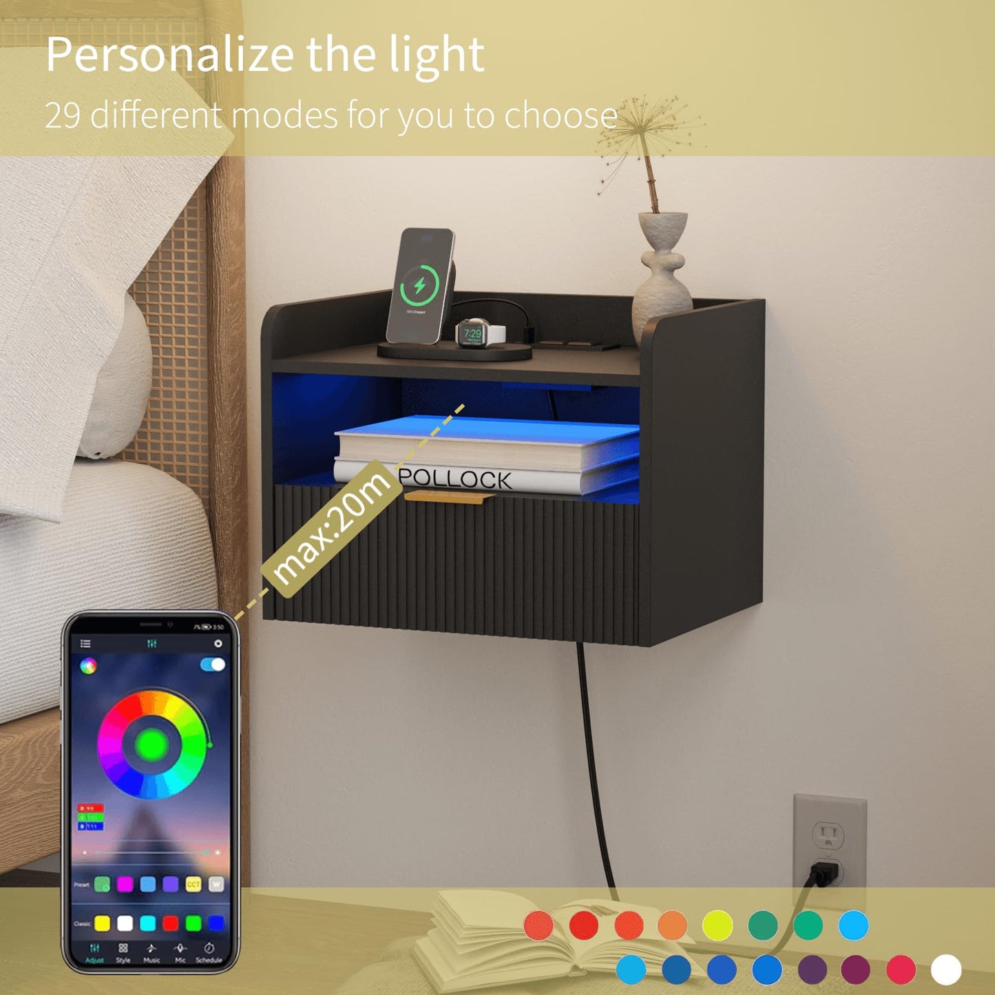 Veegle White Floating Nightstand with Charging Station and LED Lights (Black)