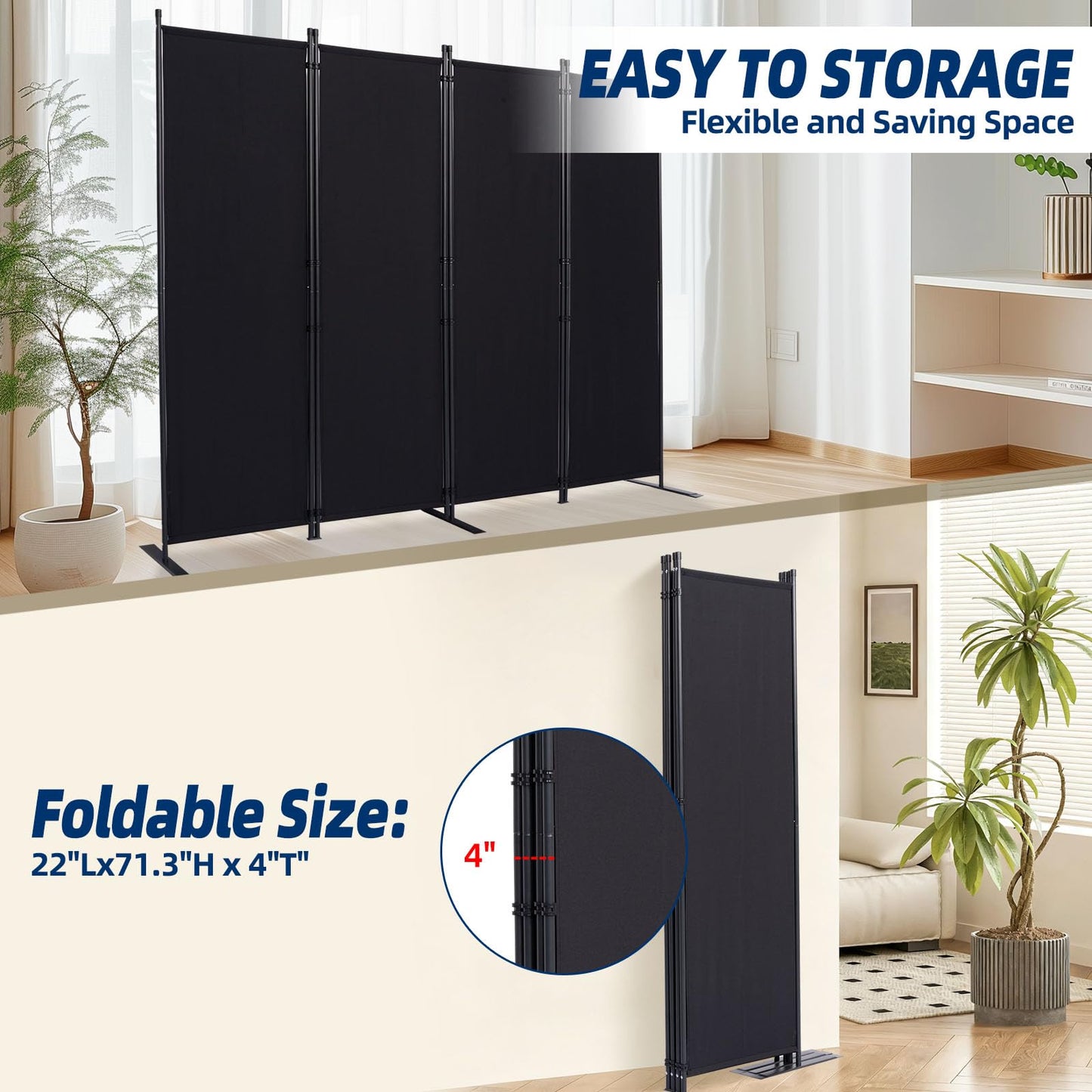 Room Divider and Folding Privacy Screens, Wide Room Divider Wall Screen for Room Separtition, Partition Room Dividers Fabric Panel Wall Dividers Freestanding for Office (Black, 4 Panel-88'' Wide)