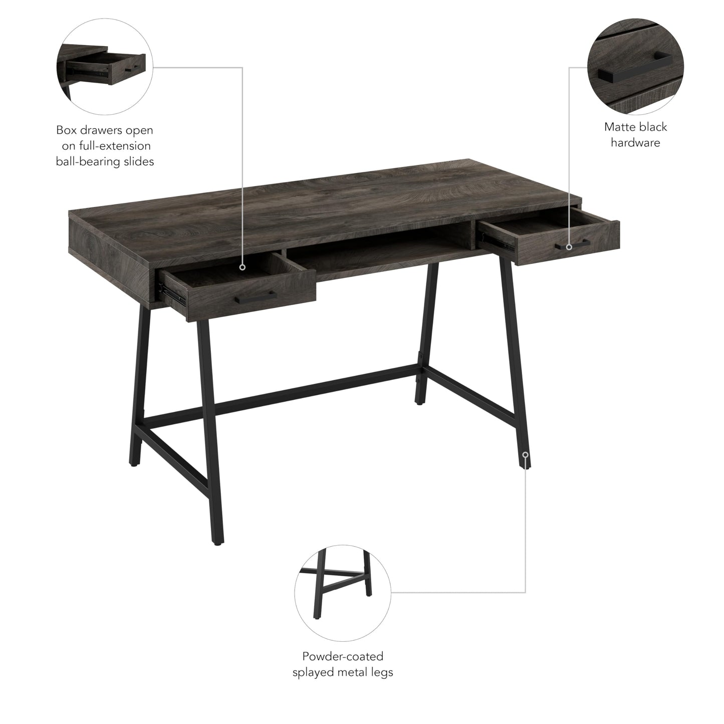 Bush Home Steele 54W Writing Desk with Storage in Dark Gray Hickory | Large Wooden Computer Table for Home Office Workspace