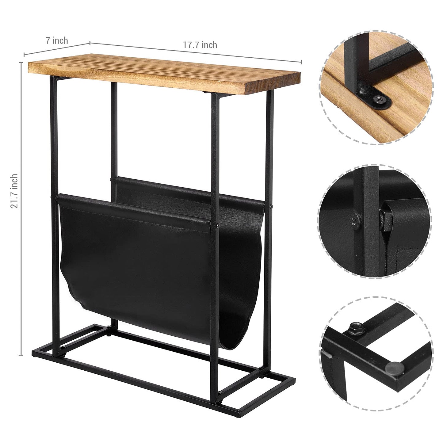MyGift 21-Inch Modern Narrow Living Room End Table with Solid Burnt Wood Tabletop and Black Metal Frame, Bedroom Nightstand Side Table with Magazine Holder Sling