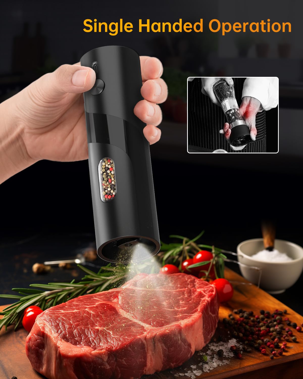 CIRCLE JOY Rechargeable Electric Salt and Pepper Grinder Set with Base, Automatic Pepper Mill Grinders with 110ml Container, Adjustable Coarseness and White LED Light, Black