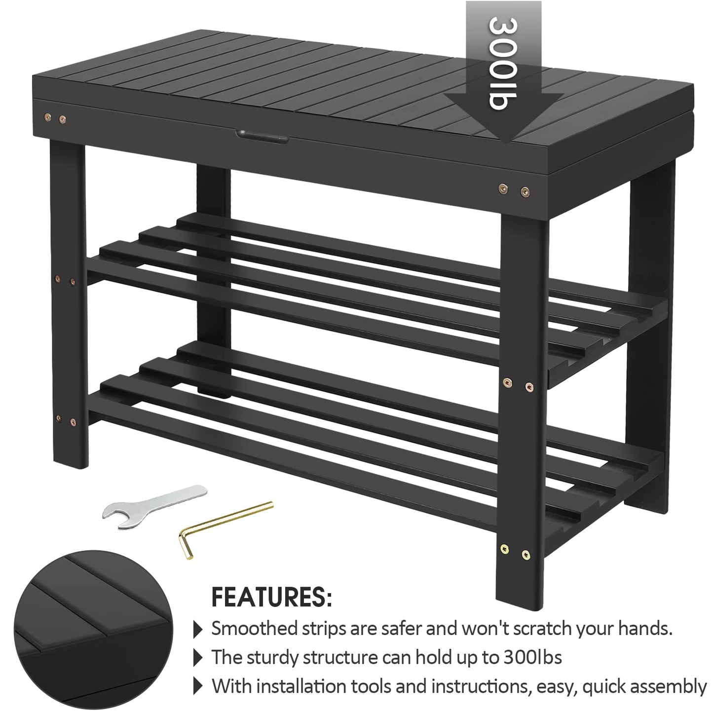 BAMBUROBA Shoe Rack Bench for Entryway,3-Tier Bamboo Small Bench with Storage Drawer,Shoe Shelf Organizer Indoor Outdoor Use,Black