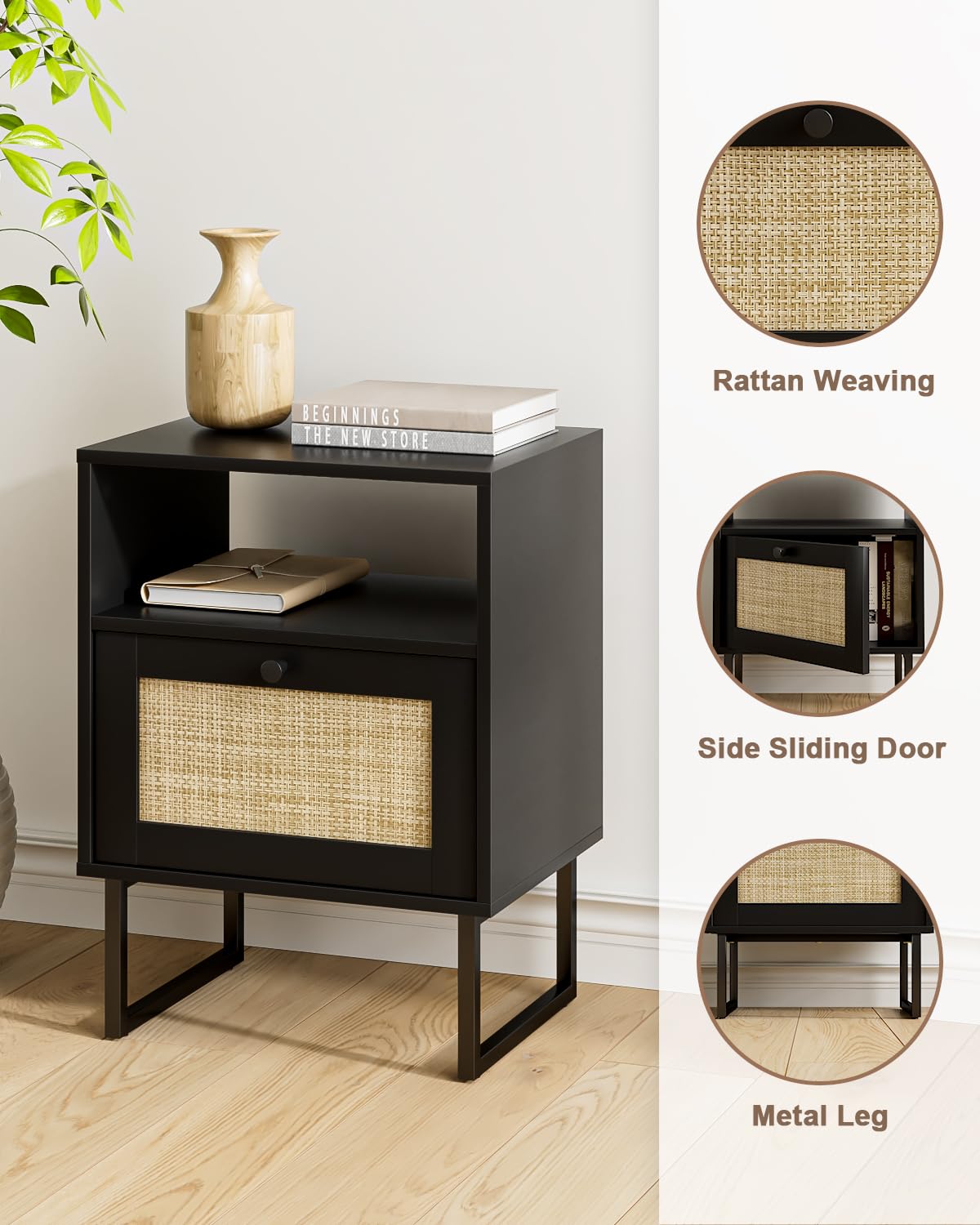 Apetaccat Rattan Nightstand, Boho Night Stand Farmhouse Wood Bedside Table with Storage and Open Shelf, End Side Accent Table for Bedroom,Living Room,Black
