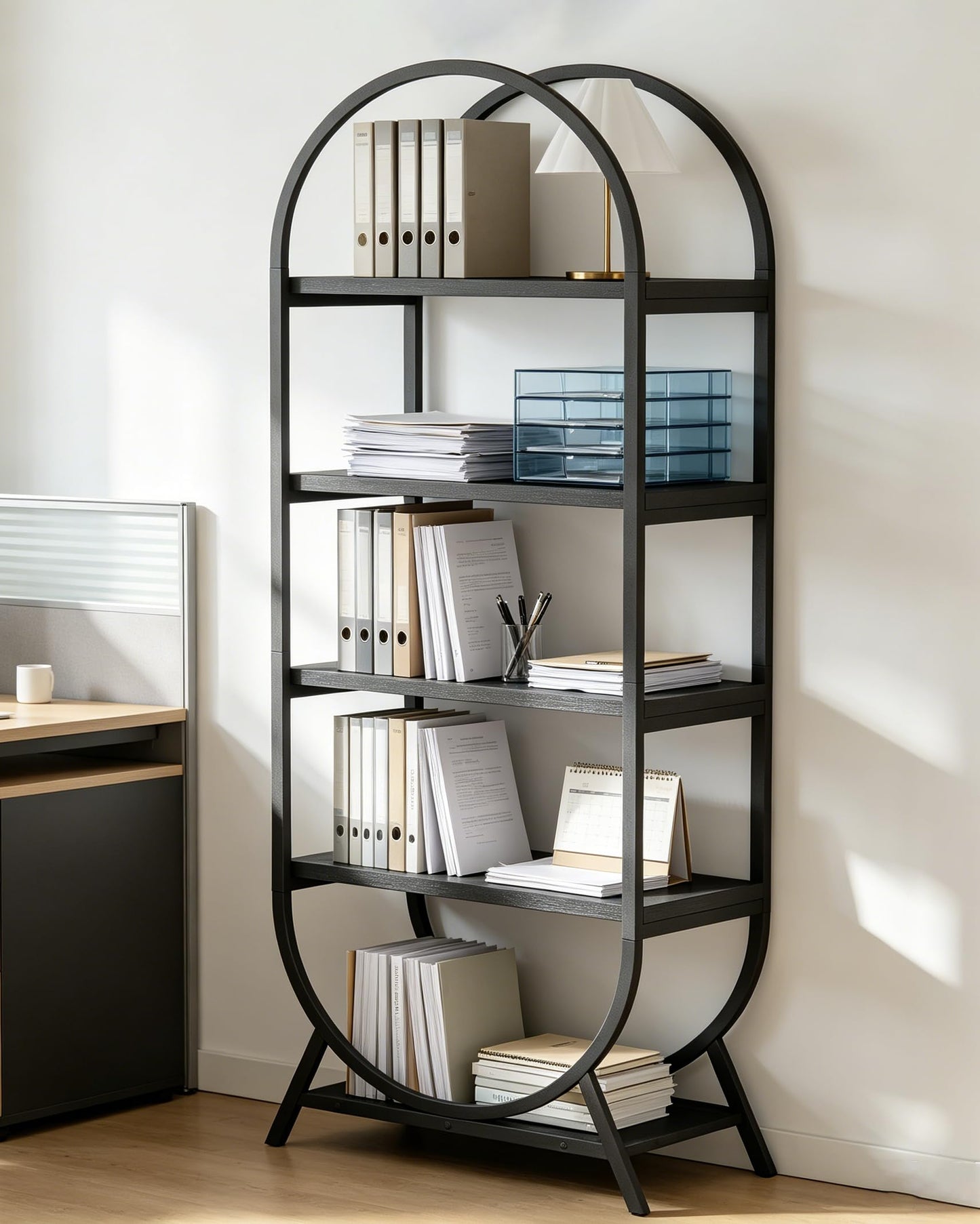 Kogven Bookshelf Arched Bookcase, Industrial 5 Tier Open Book Shelves with Metal Frame, 72" Tall Freestanding Display Rack for Home Office, Living Room, Black