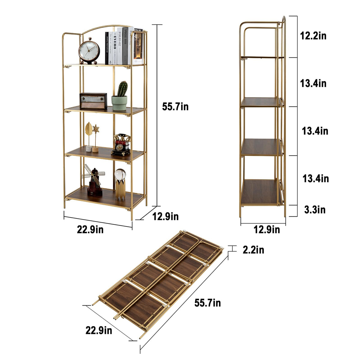 Crofy No Assembly Folding Bookshelf for Living Room, 4 Tier Gold Collapsible Book Shelf for Home Office, Portable Bookcase Storage Organizer
