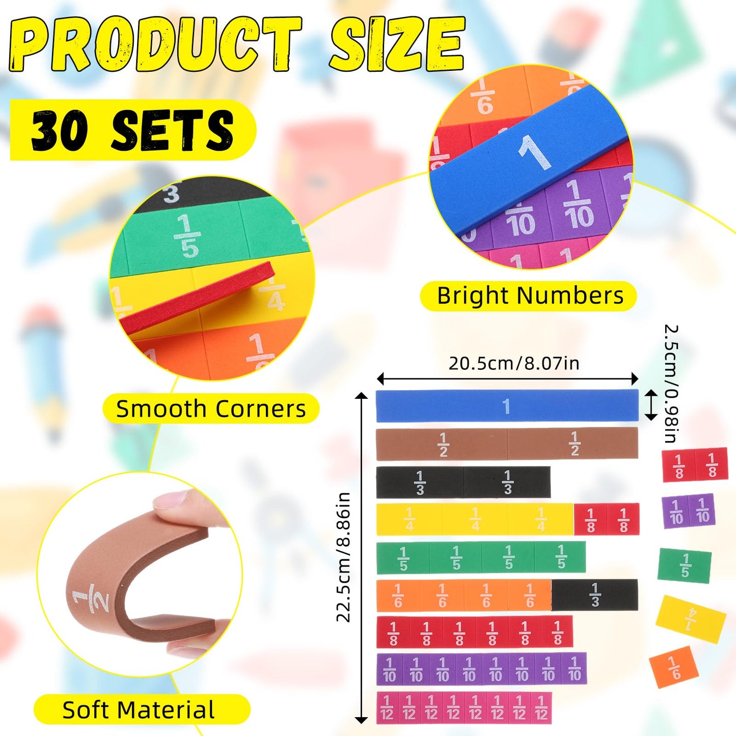 Sayglossy 30 Sets Fraction Tiles Set for Math Classroom Fractions Manipulatives Math Learning Manipulatives for Home School Supplies
