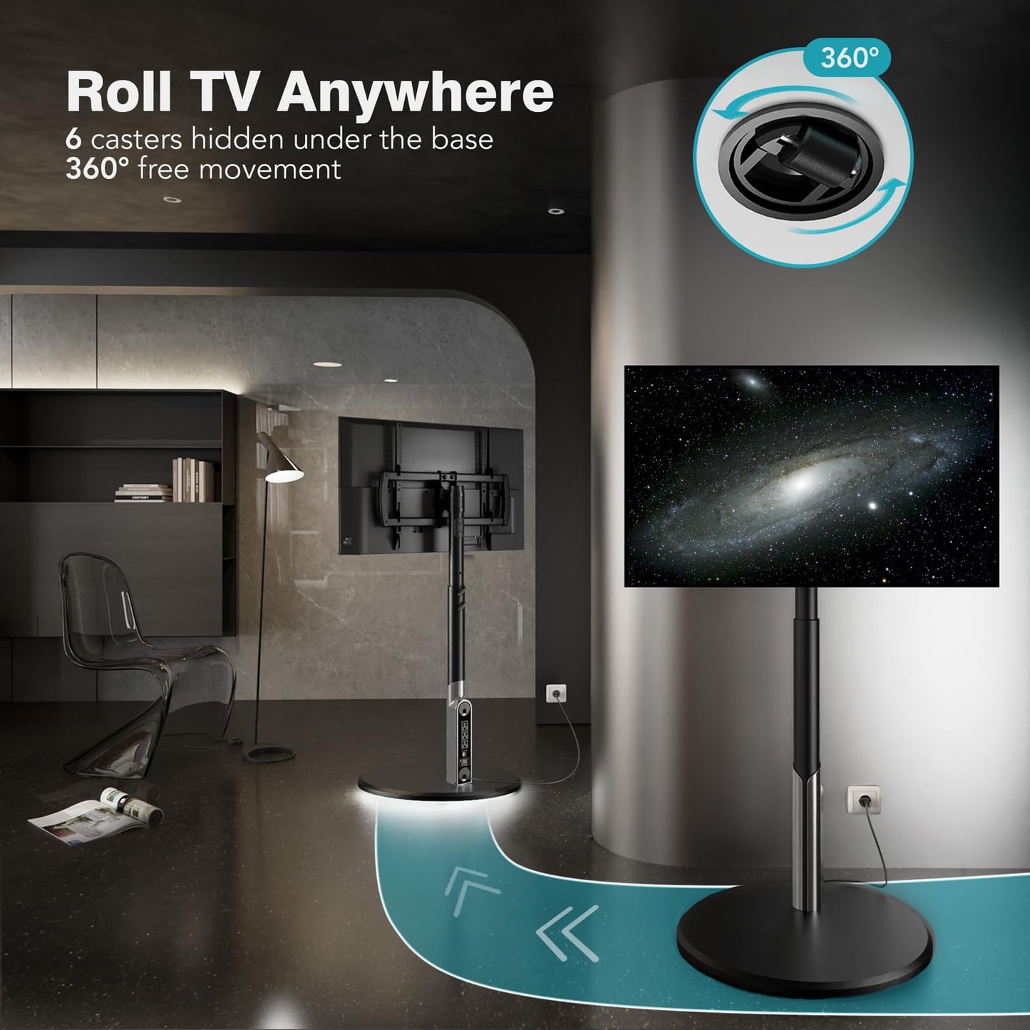 LLDEPLL Floor Mobile TV Stand with Power Outlet, Rolling TV Cart for 27-65 Inch OLED LED Monitors, 6 Levels of Height Adjustment, Ambient Lighting on The Bottom Wheels Holds up to 88lbs, 400x400mm