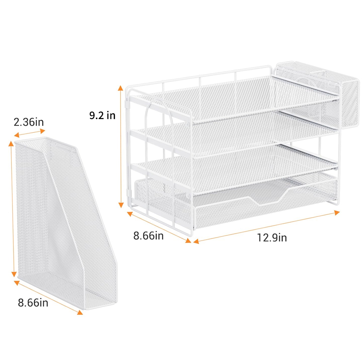 OPNICE 4-Tier Desk Organizer and Accessories, Desktop File Organizer with Drawer, Pen Holder and File Holder, Paper Letter Tray Organizer, Office Desk Accessories for Home Office Supplies, White
