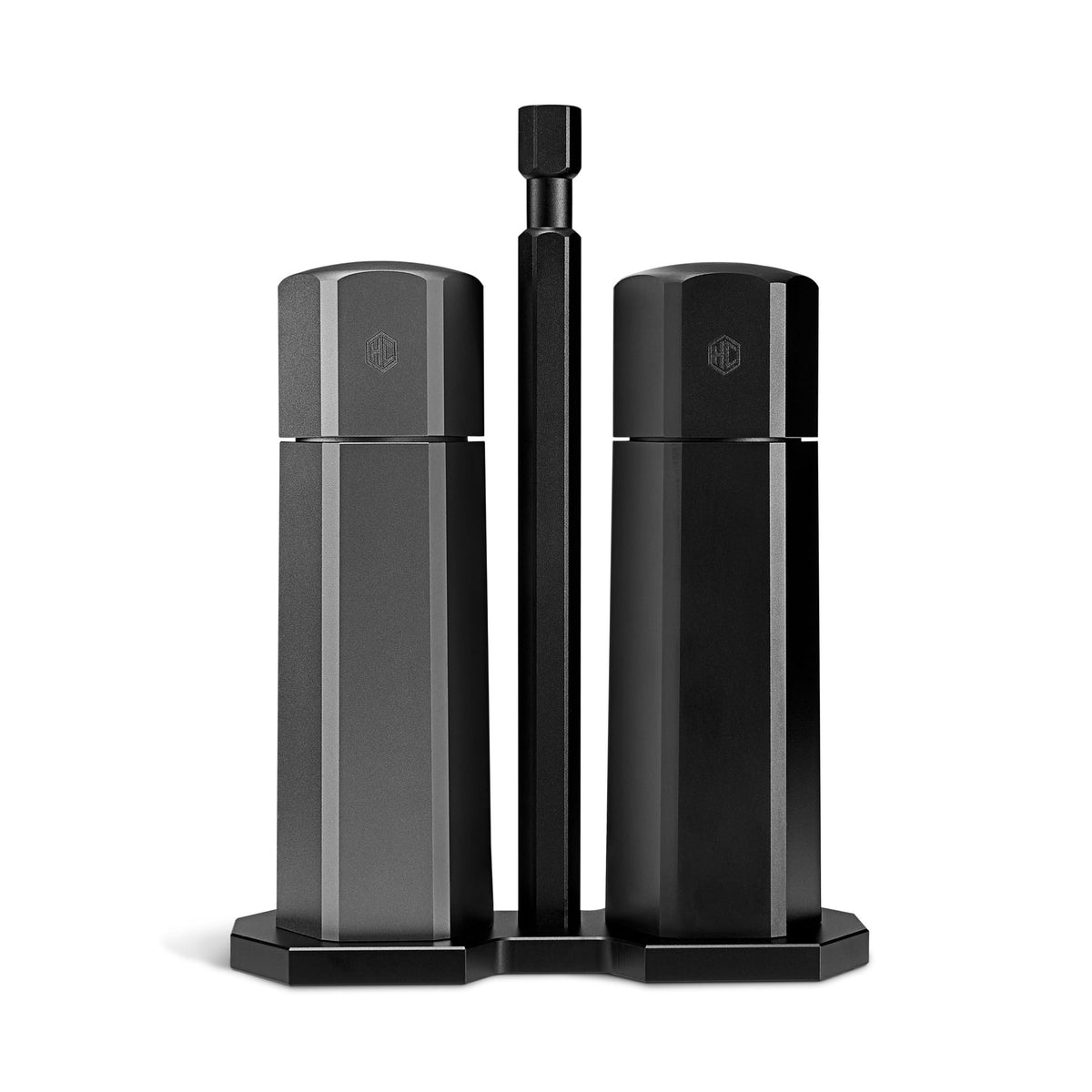HexClad HexMill Tabletop Salt and Pepper Grinder Set with Stand, 10 Adjustable Grind Settings, High-Efficiency Burr, Solid Milled Aluminum Build, Easy-Fill Cap, Convenient 5.25" Size for Tabletop Use