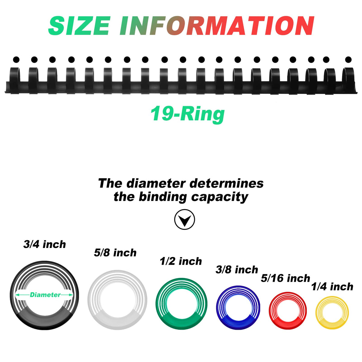 Yunsailing 150 Pack Plastic Binding Combs Plastic Binder Comb Ring 19 Ring Binding Spines Letter Size Spiral coils for Notebook Calendar(1/4 5/16 3/8 1/2 5/8 3/4 in,Multi Colors)
