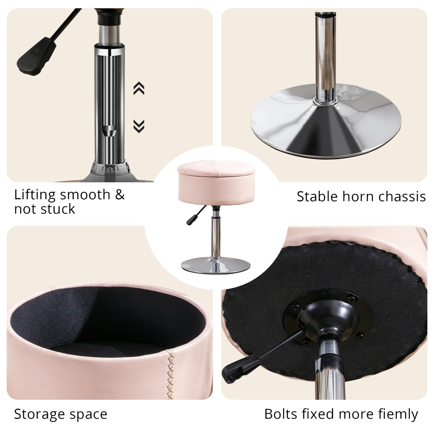 LUE BONA 360°Swivel Vanity Stool Chair for Makeup Room, Height Adjustable Stool for Vanity with Storage, Small Pink Faux Leather for Bathroom, Living Room