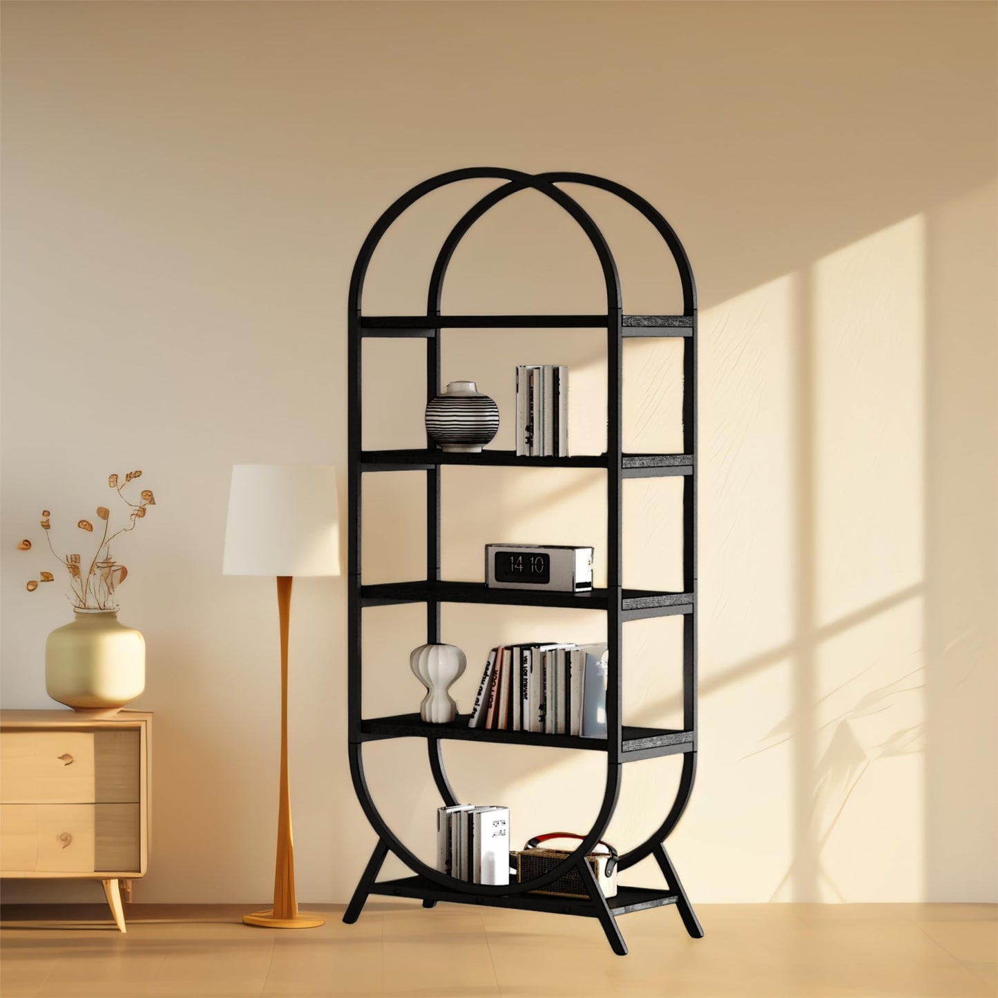 BIASUNS Arched Bookshelf,5-Tier Tall Wide Open Bookshelf,Modern Brown Storage Bookshelves, Freestanding Display Rack Shelving Unit for Office, Bedroom, Living Room, Easy Assembly, Black
