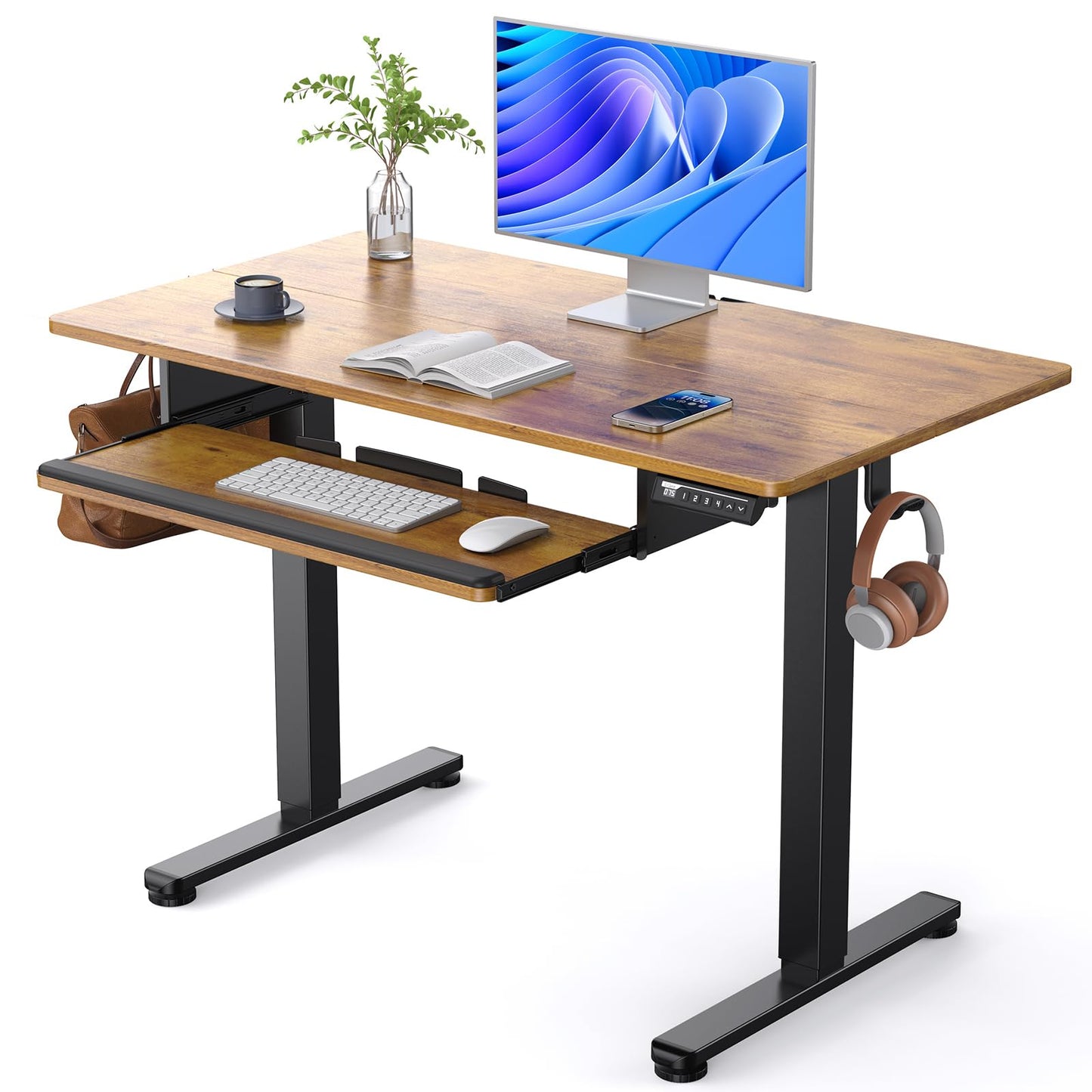 ErGear Electric Standing Desk with Keyboard Tray, 44x24 Inches Adjustable Height Sit Stand Up Desk, Home Office Desk Computer Workstation, Vintage Brown