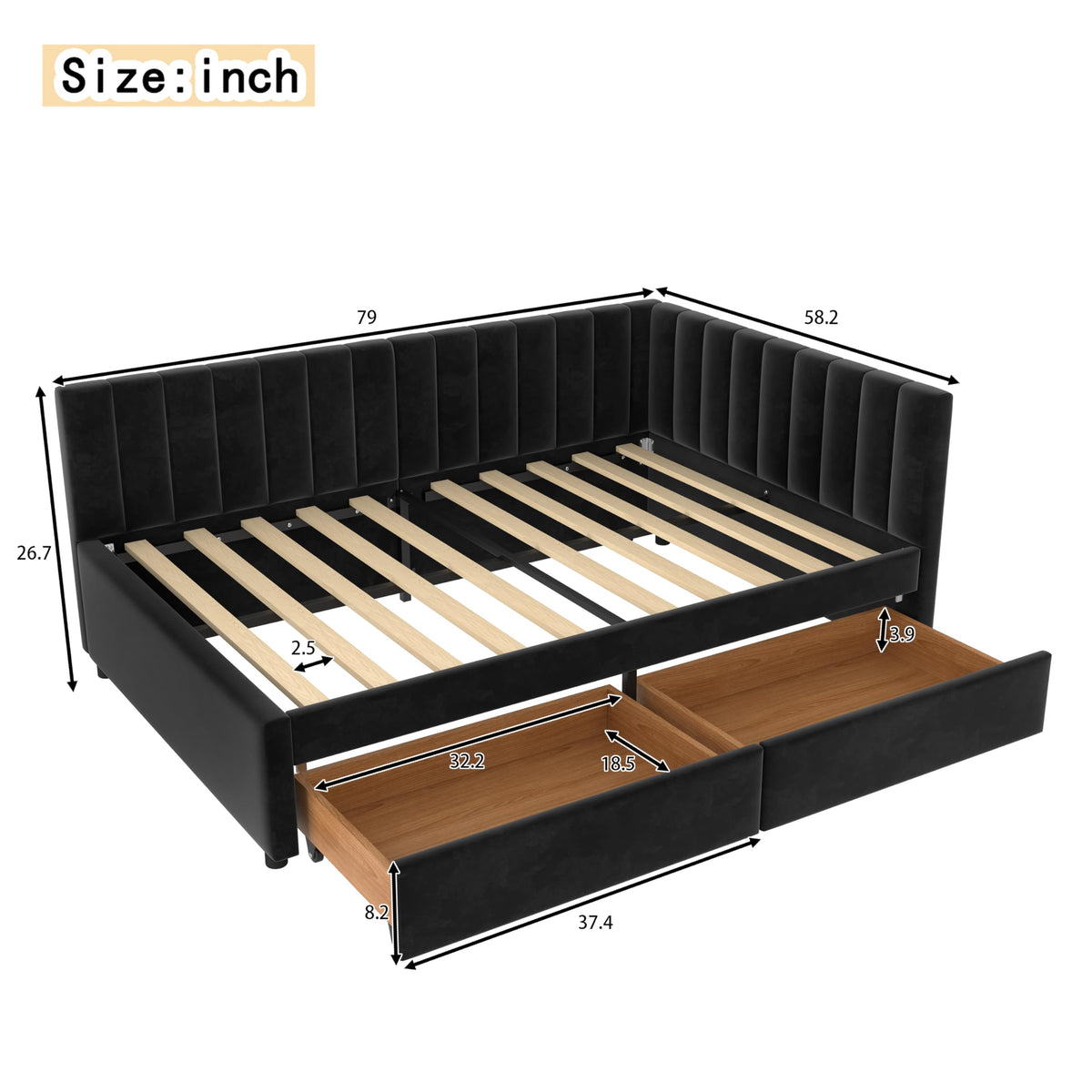 KEIKI Full Size Corner Daybed with 2 Storage Drawers, Upholstered Velvet Bed Frame, L Shaped Sofa Bed with Backrest, Wooden Slats Support, No Box Spring Needed for Guest Room, Small Space, Black