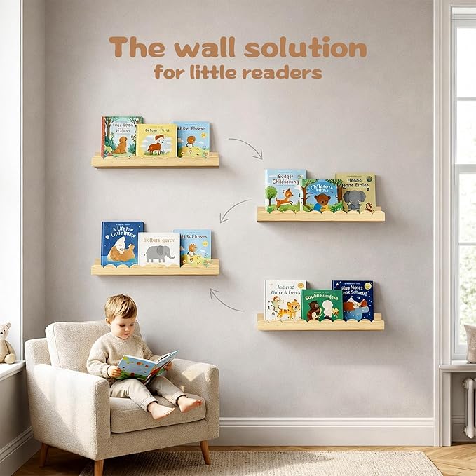 Nursery Floating Shelves for Kids Room, 2 Pack 23.6 Inch Natural Wood Wall
