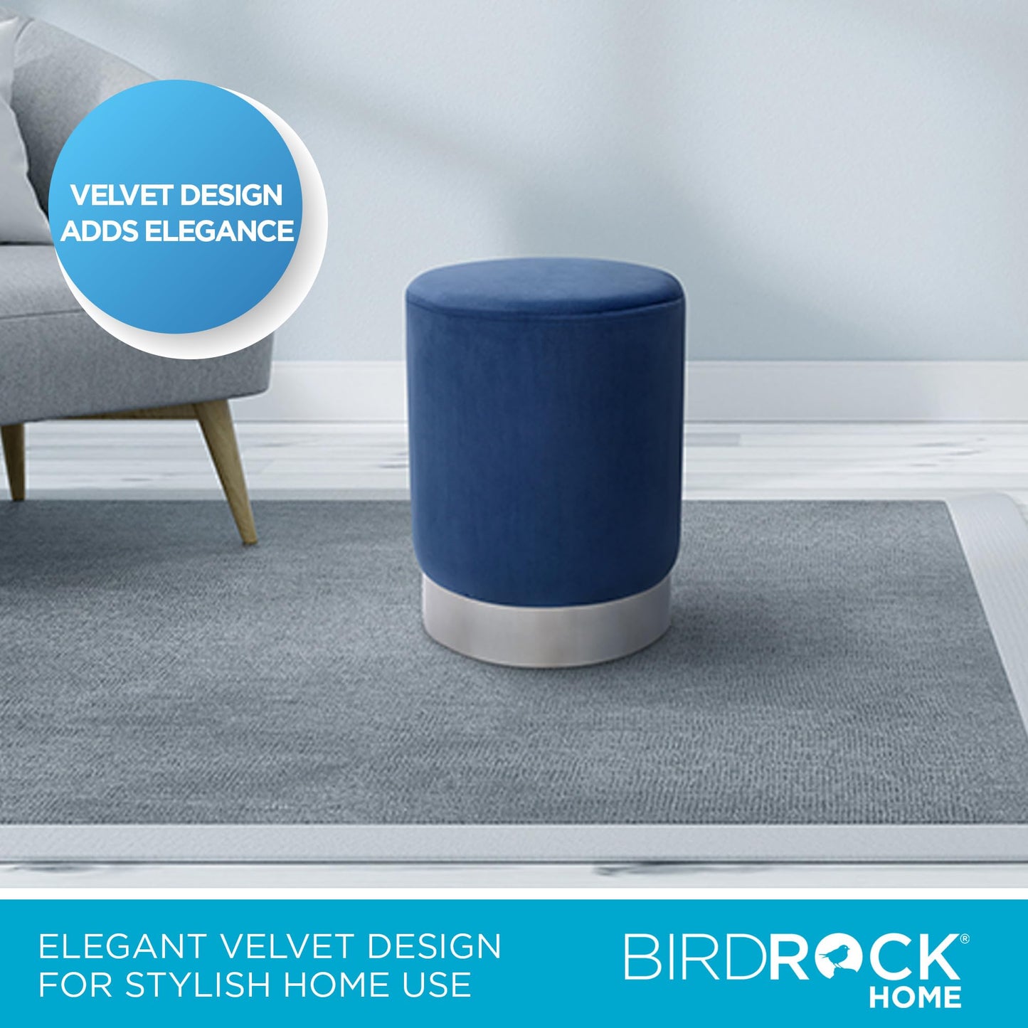 BIRDROCK HOME Round Ottoman Foot Stool – Modern Soft Padded Velvet Vanity Chair with Silver Metal Trim – Accent Chair or Foot Rest for Living Room, Bedroom, or Dressing Room (Blue)