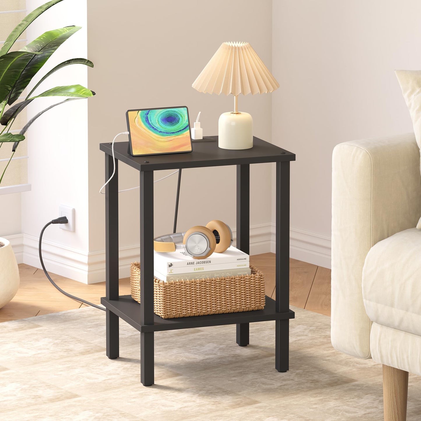 TUTOTAK End Table with Charging Station, Side Table with USB Ports and Outlets, Nightstand, 2-Tier Storage Shelf, Sofa Table for Small Space TB01BK040