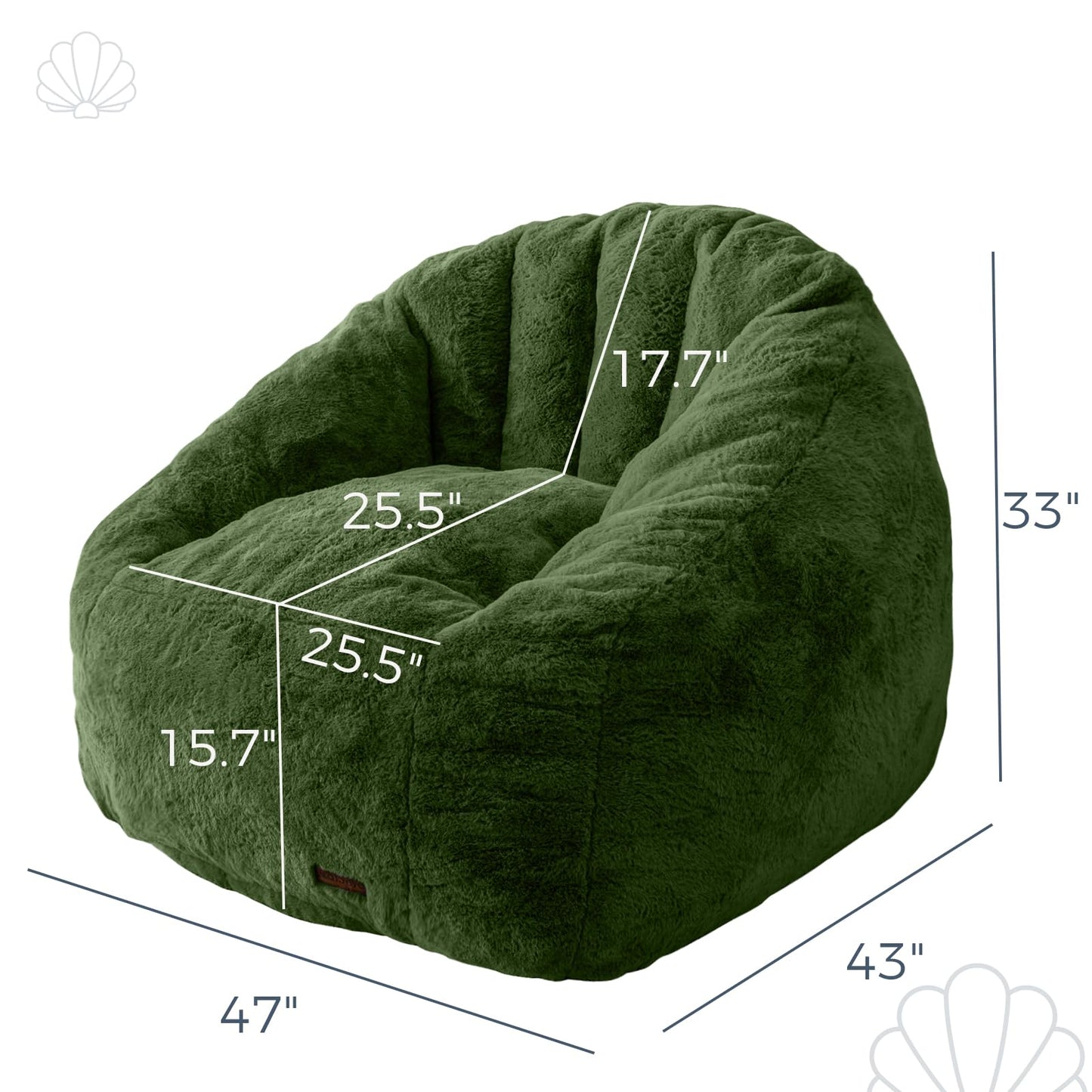 MAXYOYO Giant Bean Bag Chair, Oversized Bean Bag Couch for Adults and Kids, Faux Fur Shell-Shaped Large Chair with Filler, Stuffed Big Accent Sofa Floor Sofa for Gaming, Reading, Green