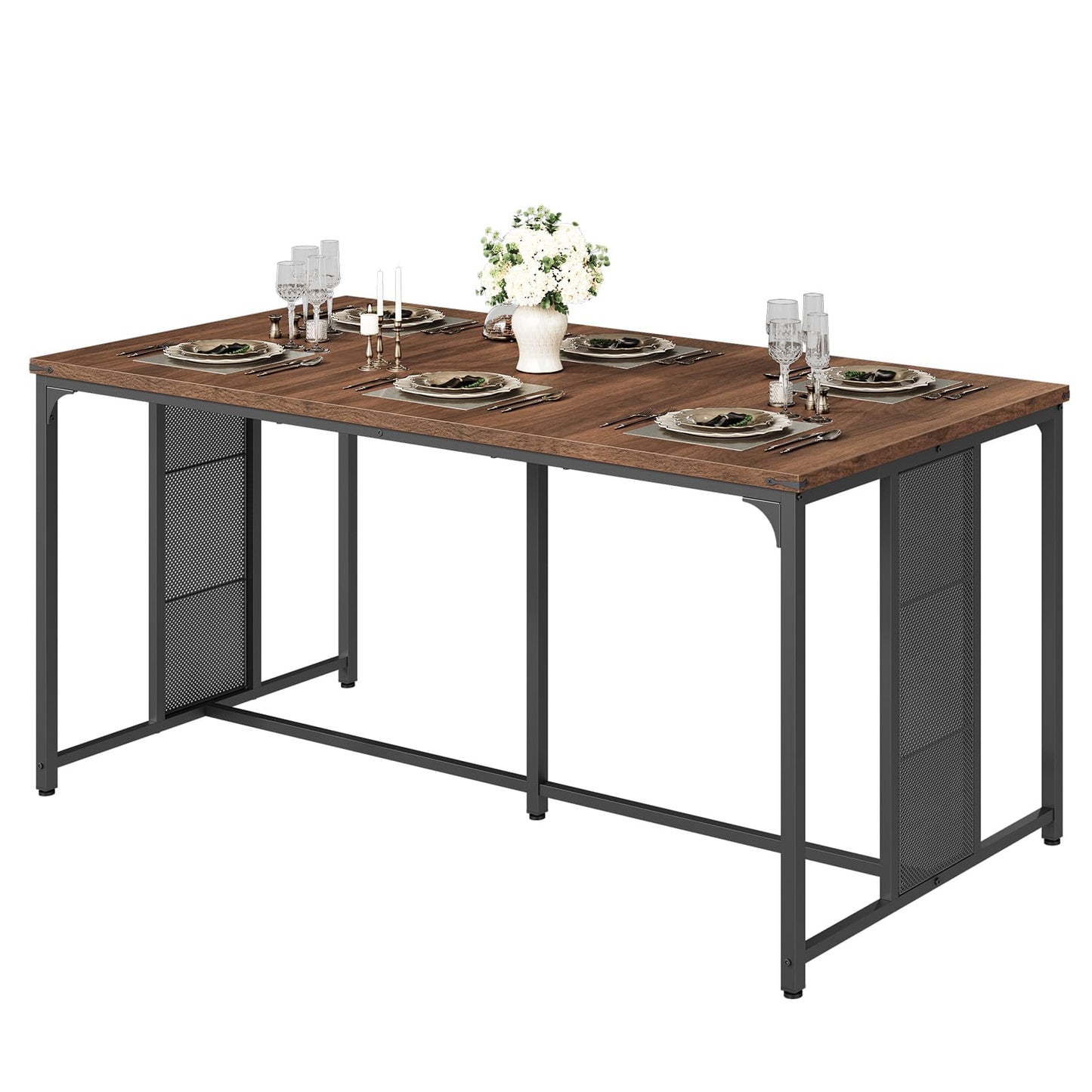 YATINEY Dining Table for 6-8, 63" Large Kitchen Table, Industrial Dining Room Table, Wooden Rectangular Table with Adjustable Feet, for Dinner, Kitchen, Walnut and Black CZ03BH
